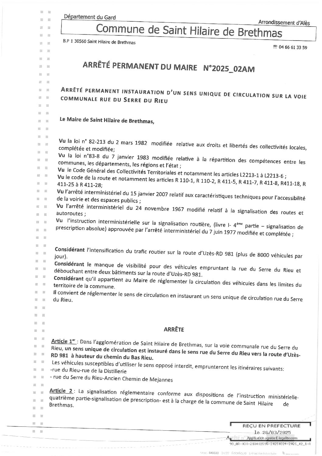 Apreçu du fichier2025 02AM Arrêté permanent sens unique circulation rue Serre du Rieu
