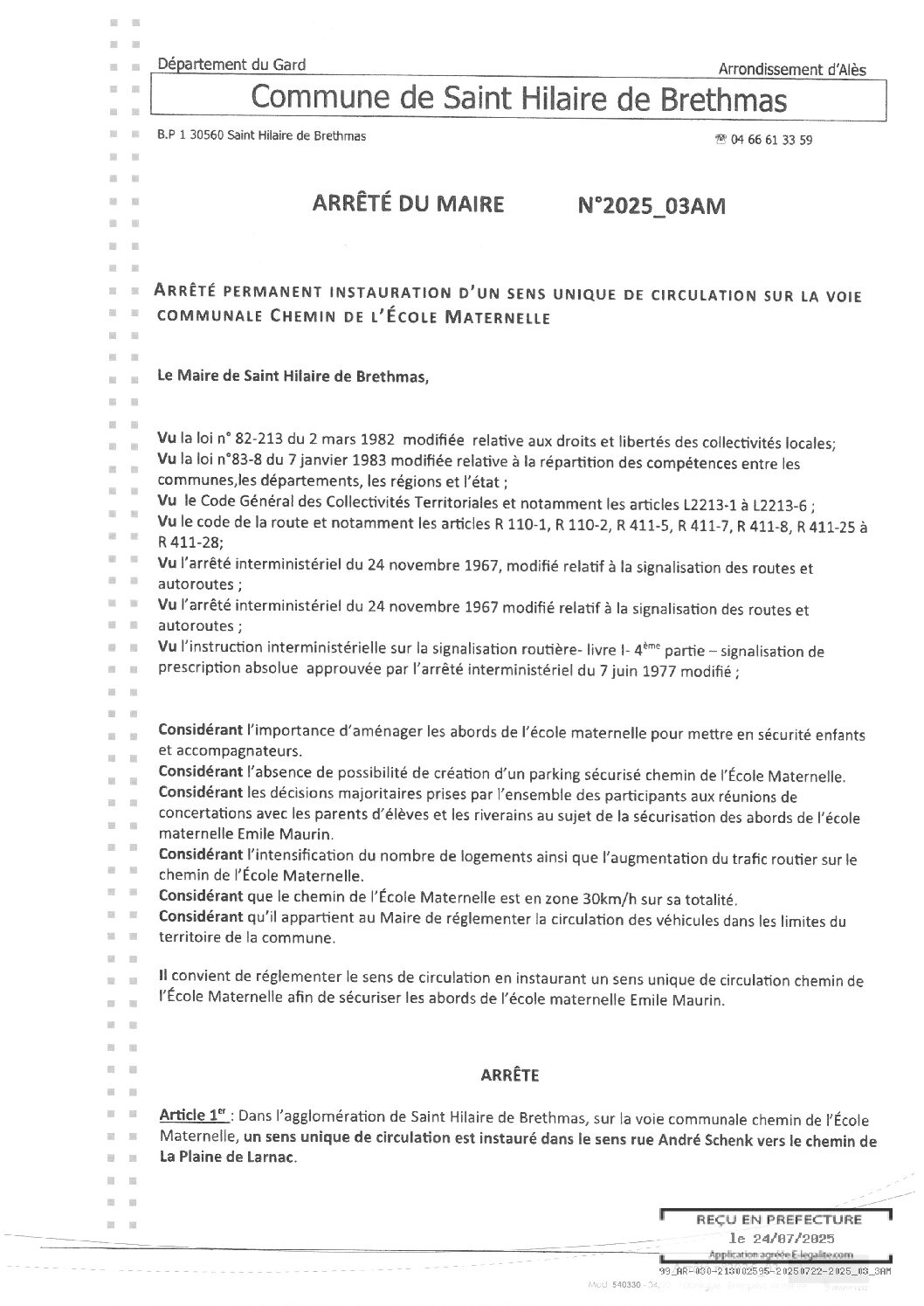 Apreçu du fichier2025_03AM Arrêté permanent instauration un sens unique circulation chemin Ecole maternelle