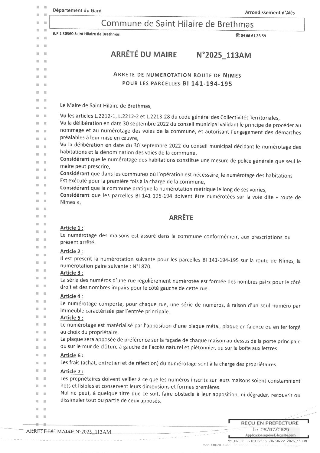 Apreçu du fichier2025 113AM Numérotation Route de Nîmes parcelles BI 141-194-195