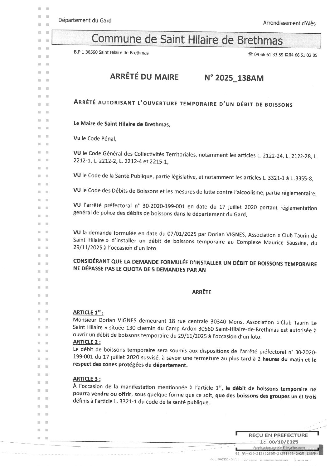 Apreçu du fichier2025_138AM Ouverture temporaire débit de boissons le 29 11 25 loto