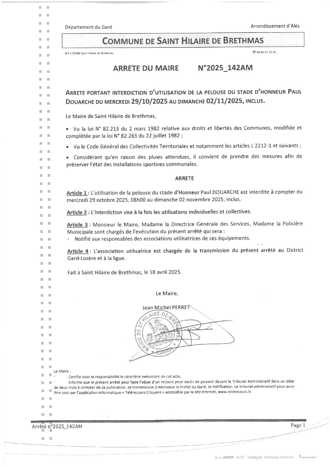 Apreçu du fichier2025_142AM Interdiction utilisation pelouse stade Paul DOUARCHE 29 10 au 02 11 2025