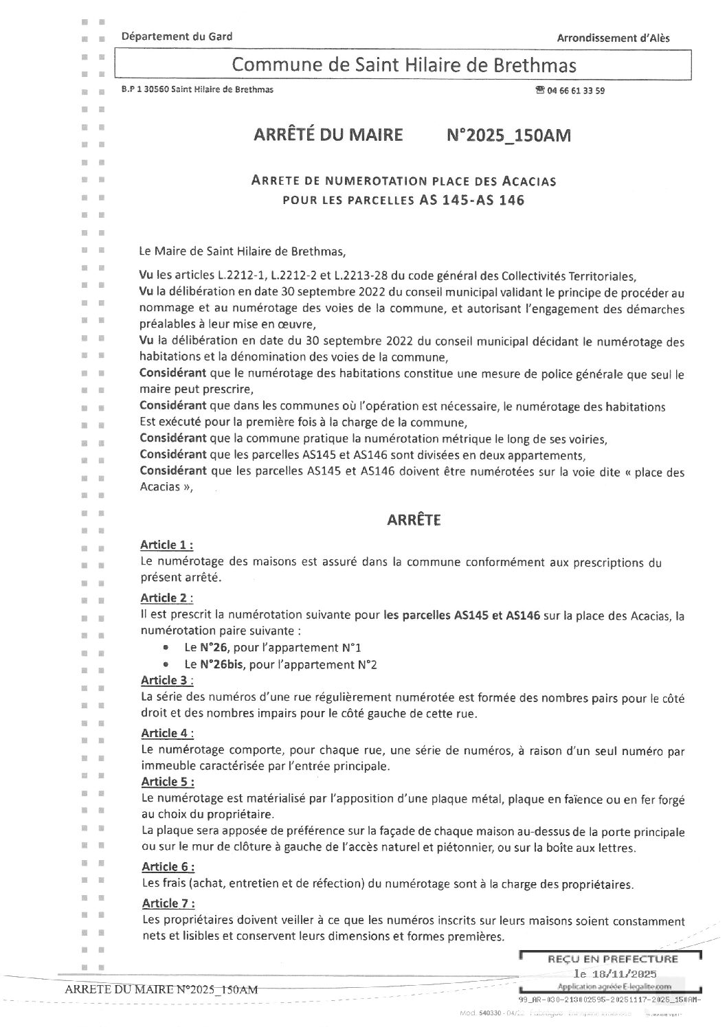 Apreçu du fichier2025_150AM Arrêté de numérotation place des Acacias pour les parcelles AS 145-AS 146