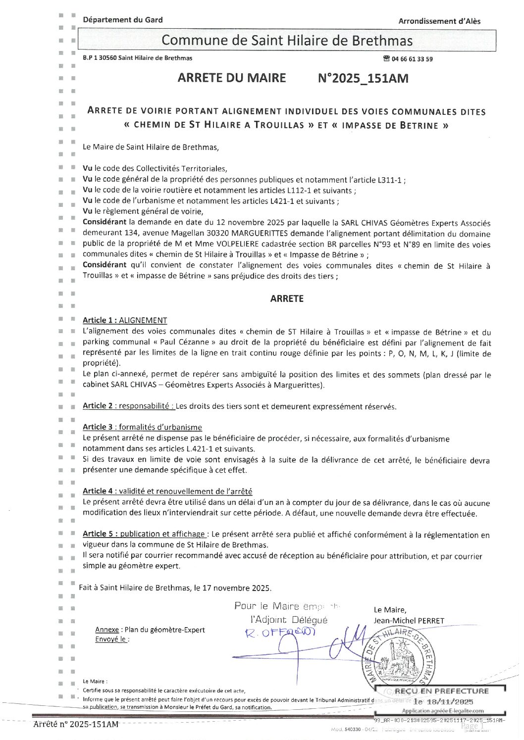 Apreçu du fichier2025_151AM Arrêté de voiries portant alignement individuel Chemin de St Hilaire à Trouillas et Impasse de Betrine