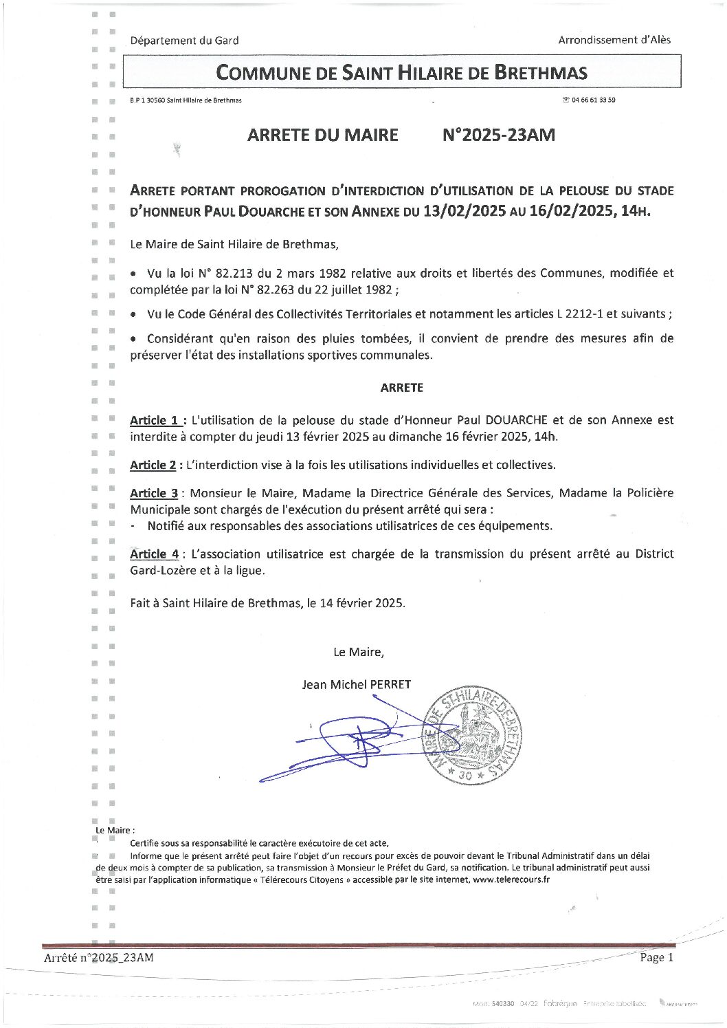 Apreçu du fichier2025_23AM Prolongation interdiction utilisation stade PAUL DOUARCHE 13 02 au 16 02 25