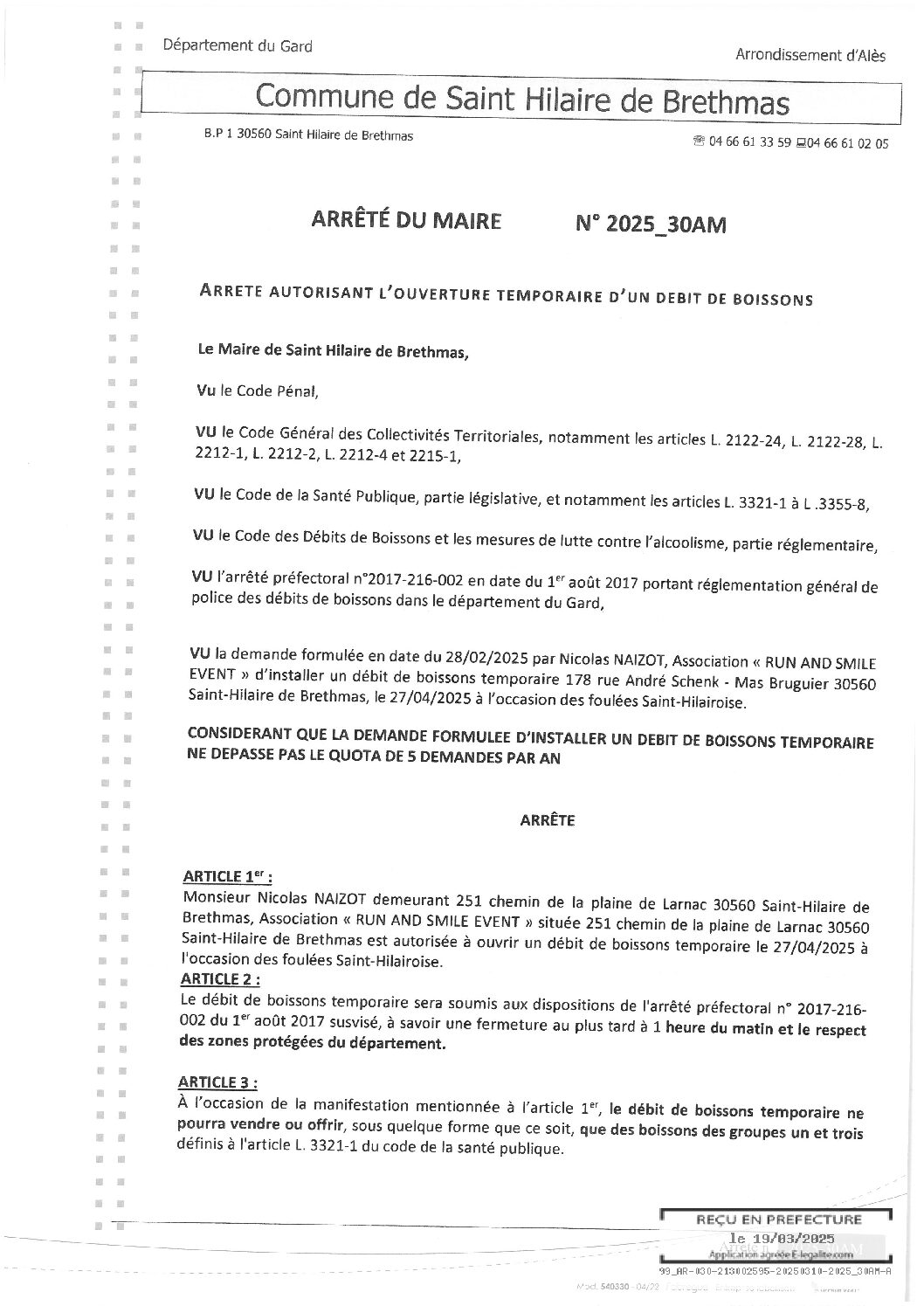 Apreçu du fichier2025_30AM_Ouverture_temporaire_débit_de_boissons_le_27_04_2025_Foulées_Saint_Hilairoise