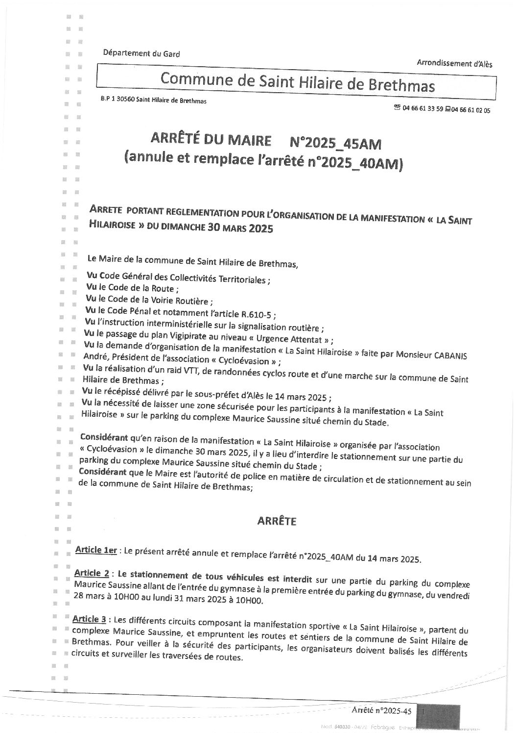 Apreçu du fichier2025_45AM Annule et Remplace Organisation Saint Hilairoise 30 03 025 CYCLO EVASION