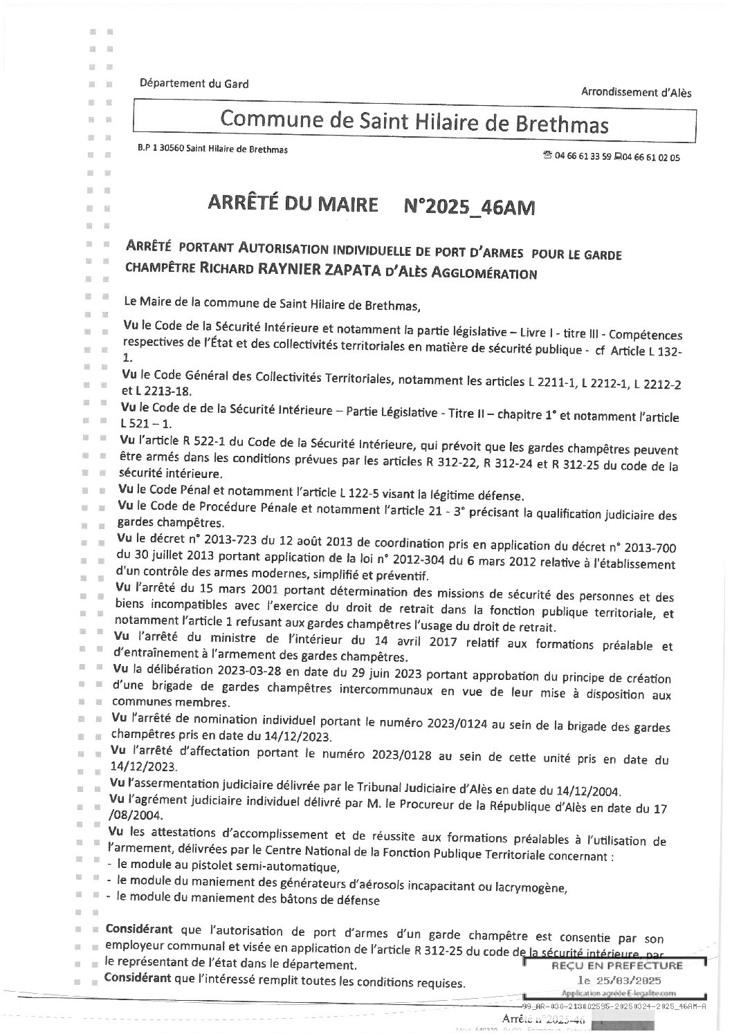 Apreçu du fichier2025_46AM_Autorisation_port_d’armes_garde_champêtre_RAYNIER_ZAPATA_ALES_AGGLO