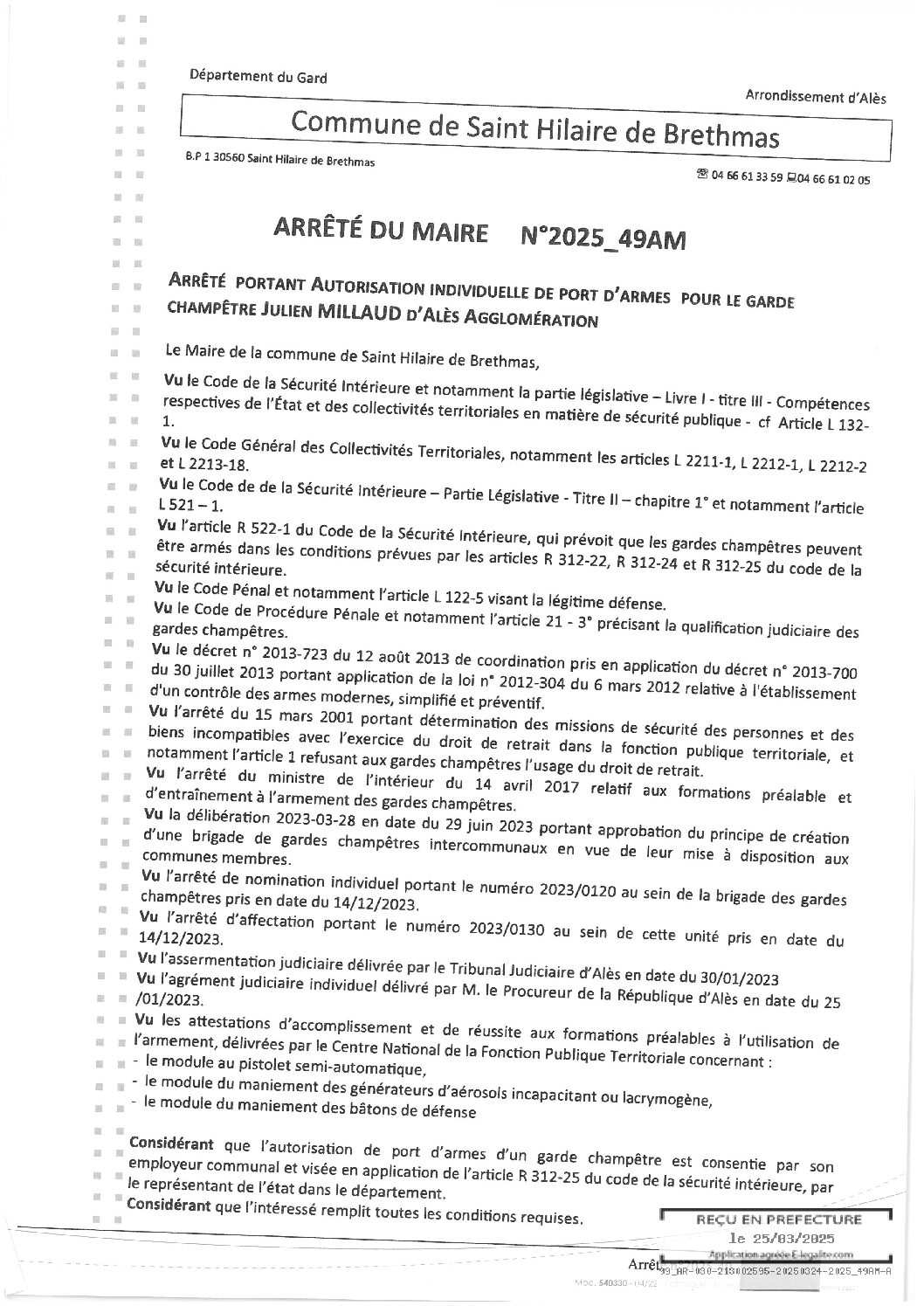 Apreçu du fichier2025_49AM_Autorisation_port_d’armes_garde_champêtre_MILLAUD_Julien_ALES_AGGLO