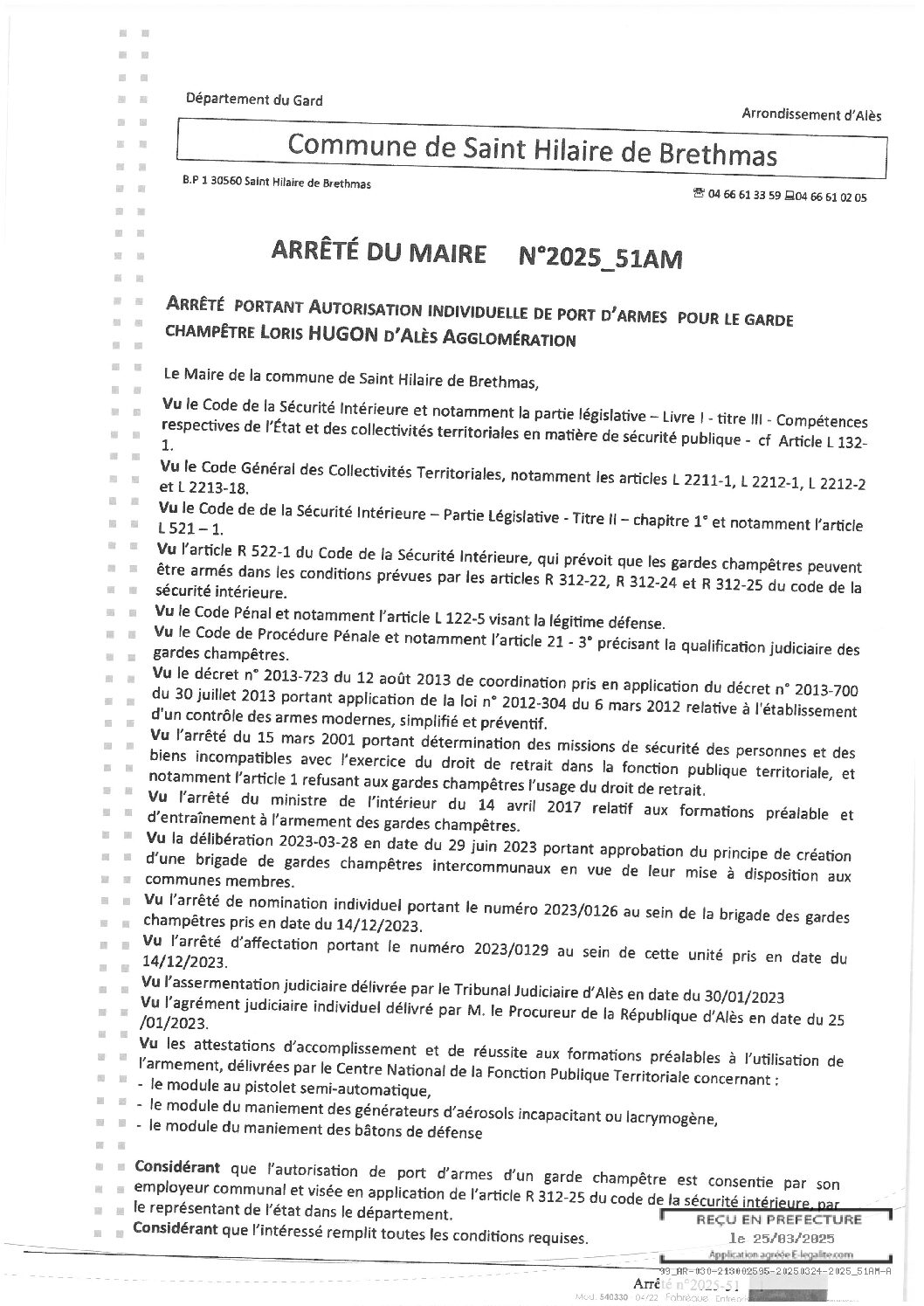 Apreçu du fichier2025_51AM_Autorisation_port_d’armes_garde_champêtre_HUGON_Loris_ALES_AGGLO