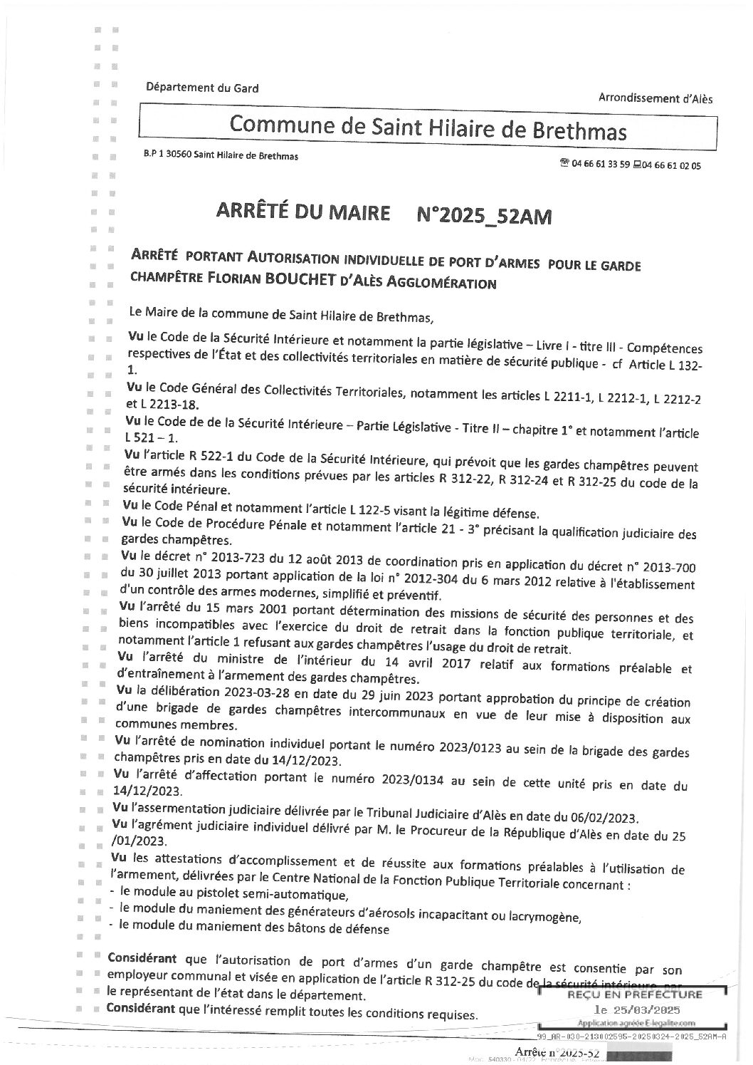 Apreçu du fichier2025_52AM_Autorisation_port_d’armes_garde_champêtre_BOUCHET_Florian_ALES_AGGLO