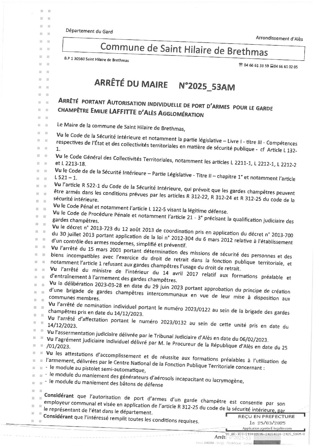 Apreçu du fichier2025_53AM_Autorisation_port_d’armes_garde_champêtre_LAFFITTE_ALES_AGGLO