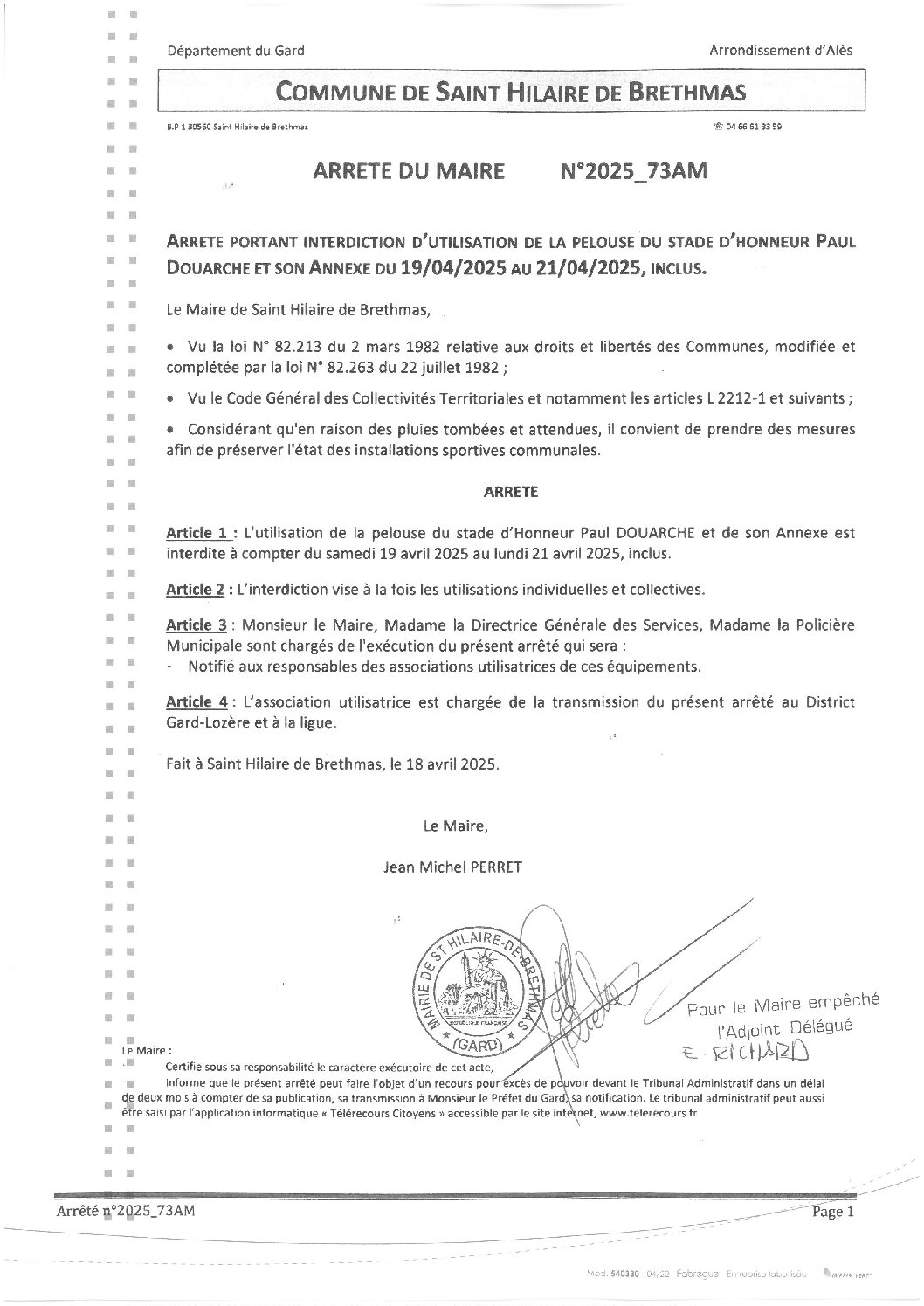 Apreçu du fichier2025 73AM Interdiction pelouse stade PAUL DOUARCHE 19 04 au 21 04 2025