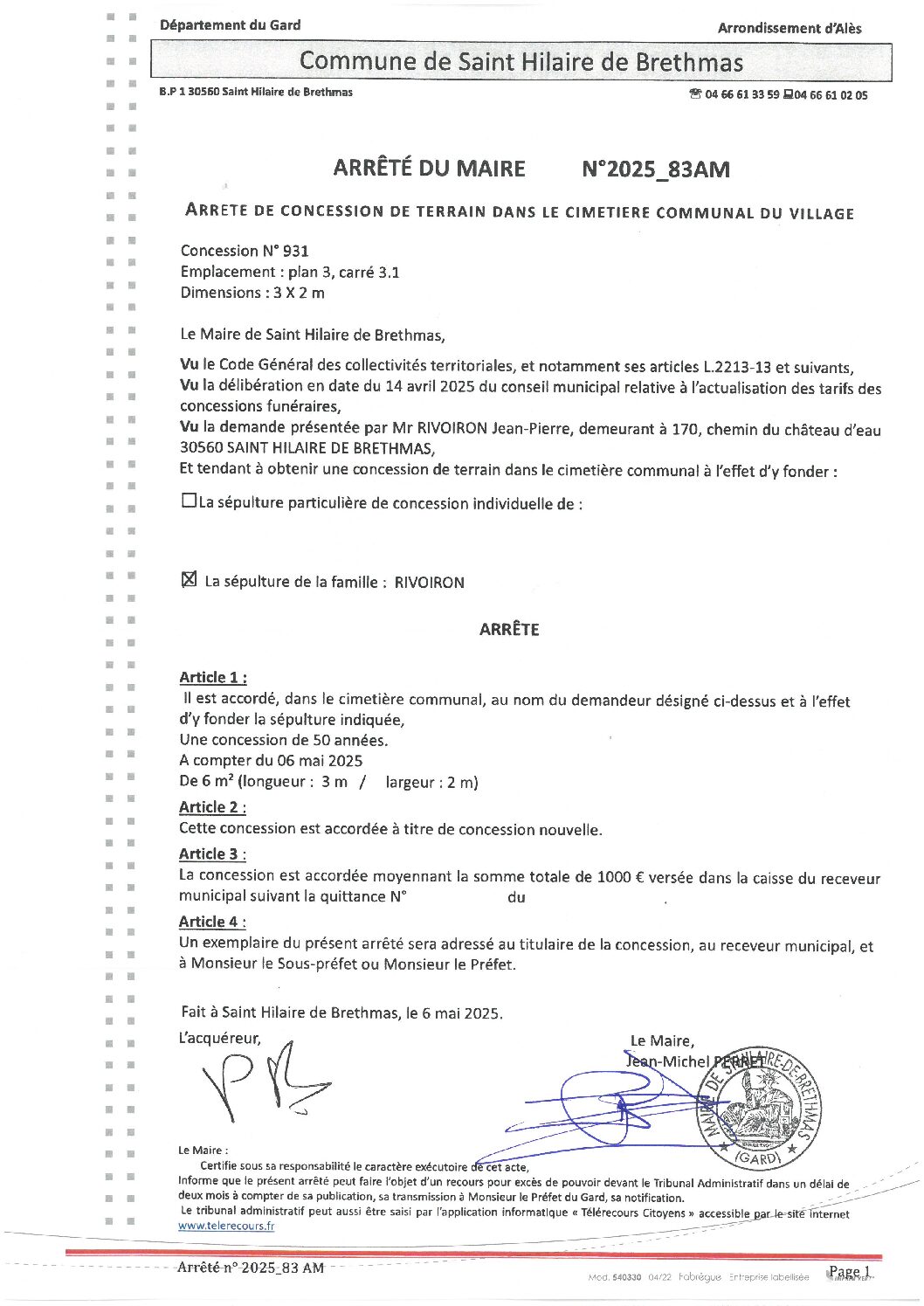 Apreçu du fichier2025_83AM Arrêté de concession dans le cimetière communal du village RIVOIRON