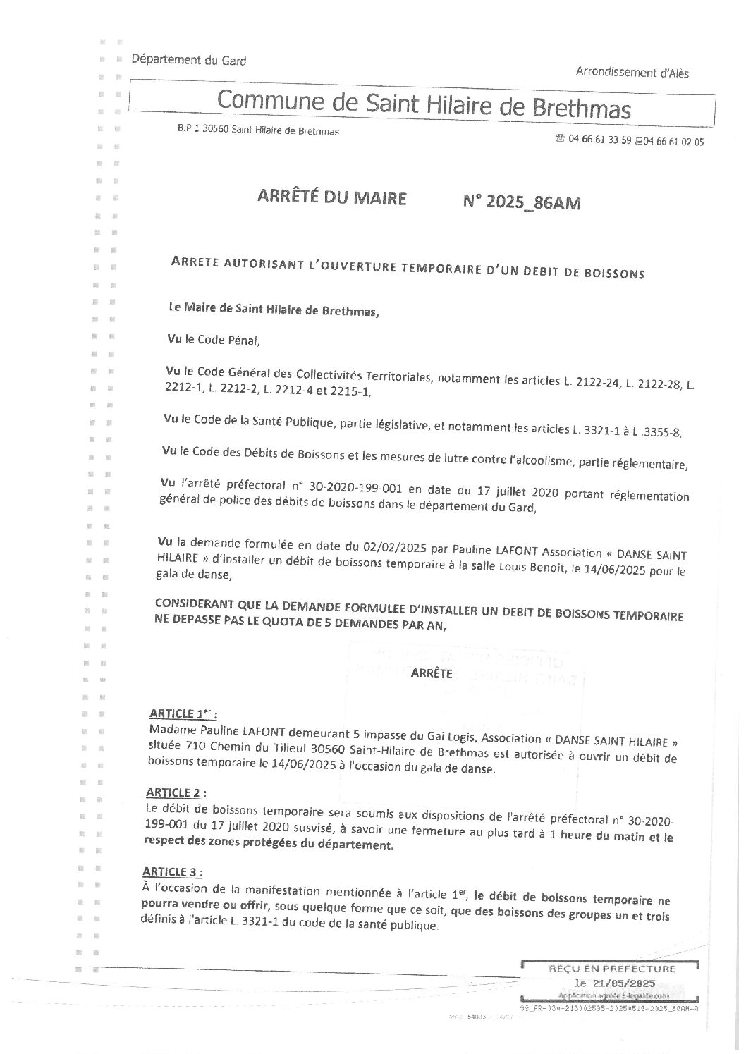 Apreçu du fichier2025_86AM Ouverture temporaire débit de boissons le 14 06 025 Gala de Danse