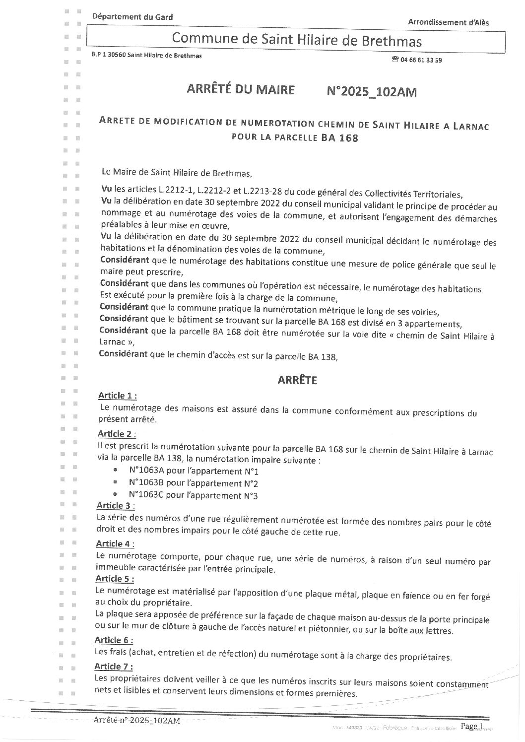 Apreçu du fichier2025_102AM Modif Numérotation chemin de Saint Hilaire à Larnac parcelle BA 168
