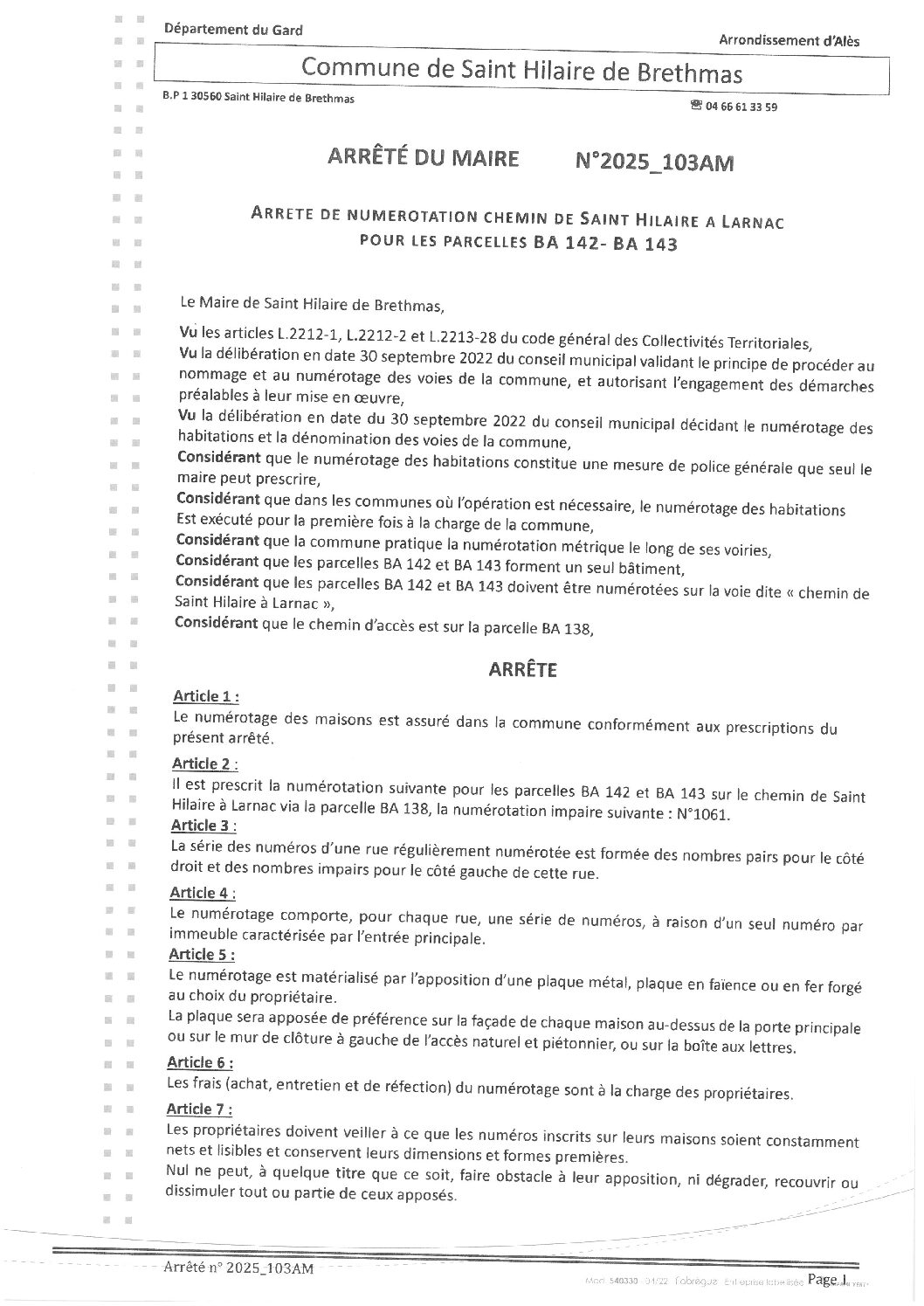 Apreçu du fichier2025_103AM Numérotation chemin de Saint Hilaire à Larnac parcelles BA 142- BA 143