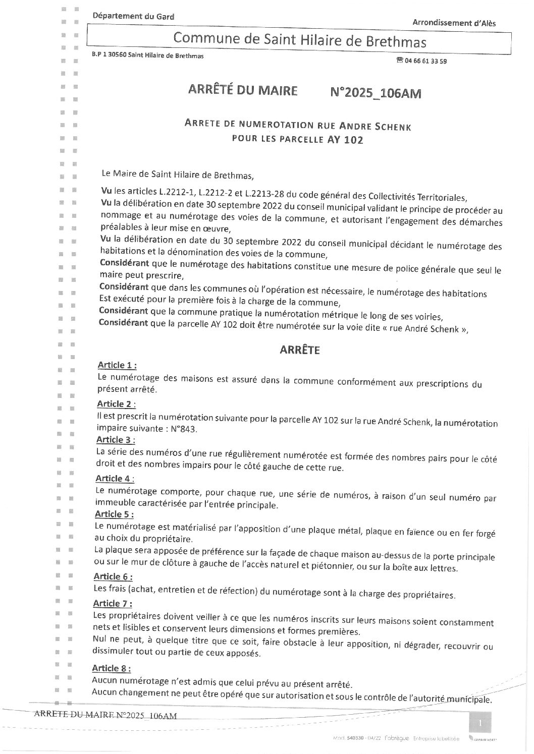 Apreçu du fichier2025_106AM Numérotation Rue André Schenk parcelles AY 102