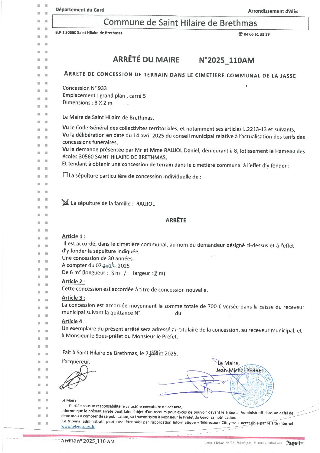 Apreçu du fichier2025_110AM Concession de terrain dans le cimetière communal de la Jasse