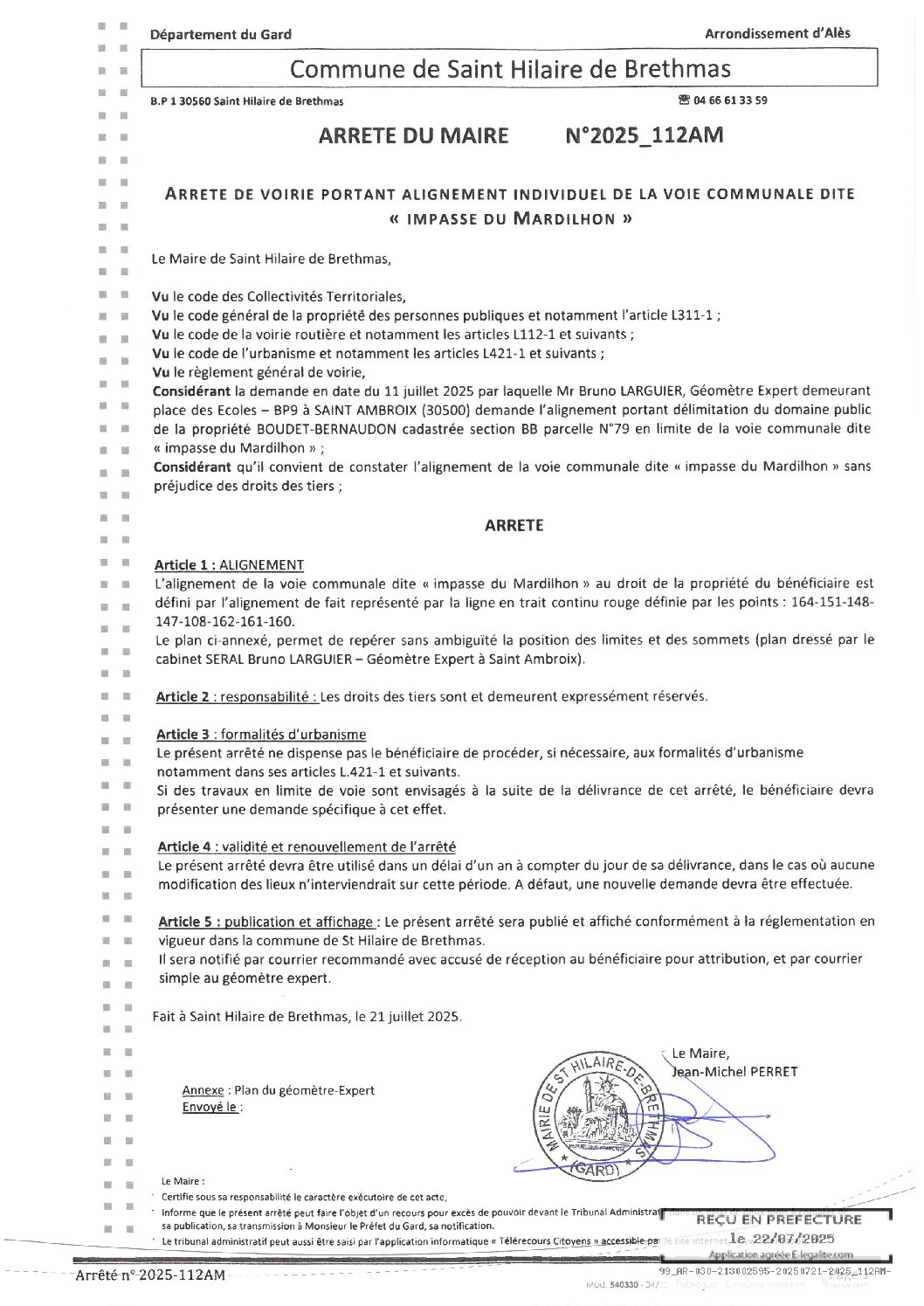 Apreçu du fichier2025 112AM Arrêté voirie alignement voie communal Impasse du Mardilhon