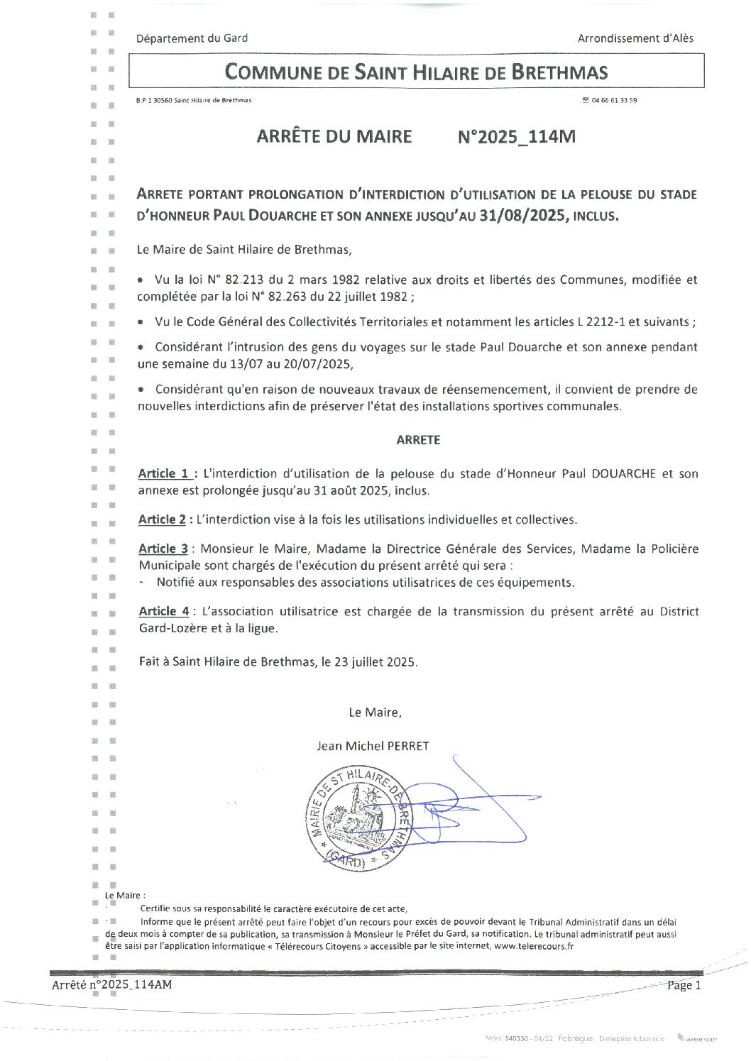 Apreçu du fichier2025_114AM Prolongation interdiction pelouse du stade Paul Douarche et son annexe jusqu’au 31 08 2025