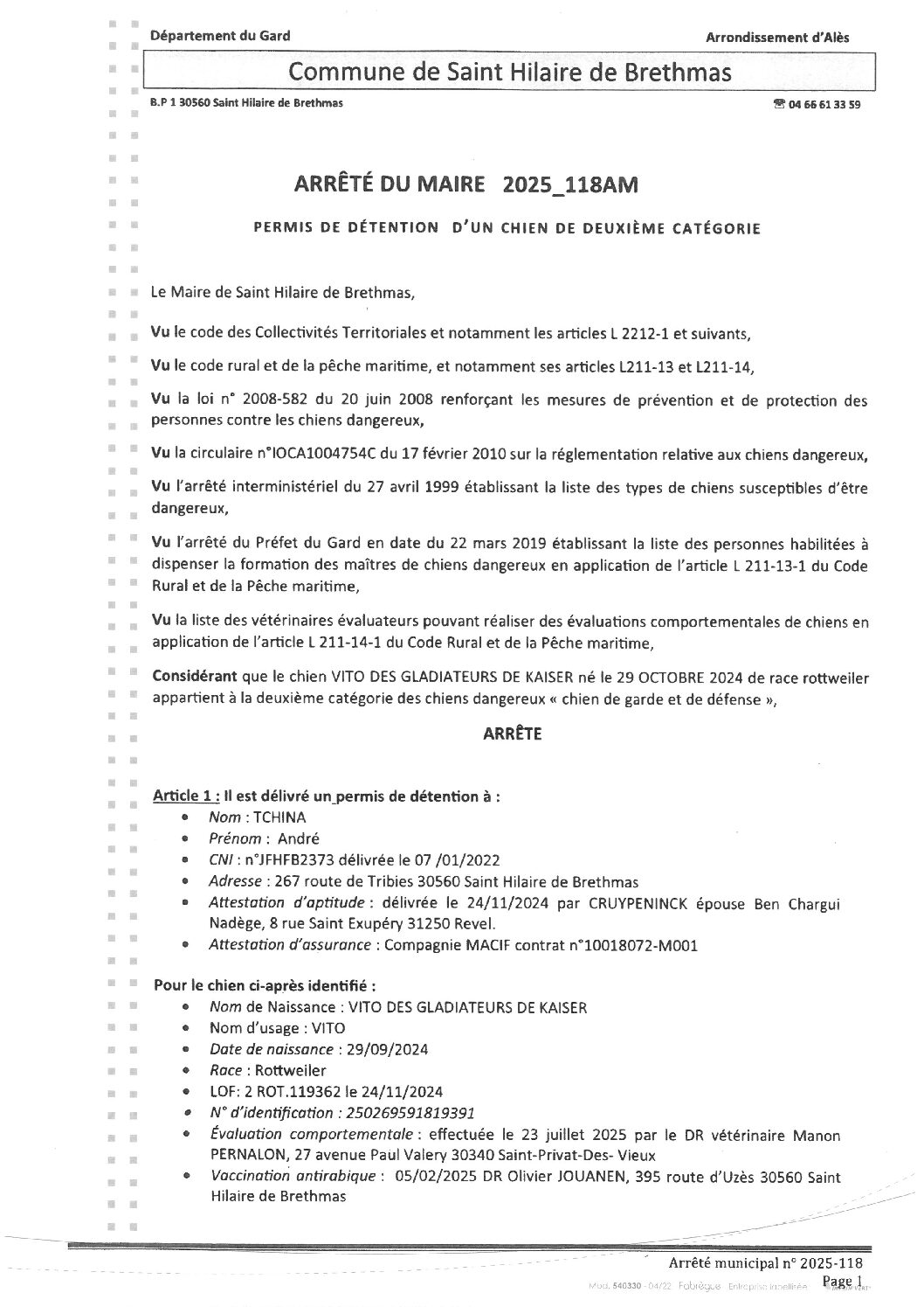 Apreçu du fichier2025_118AM Permis de détention chien deuxième catégorie