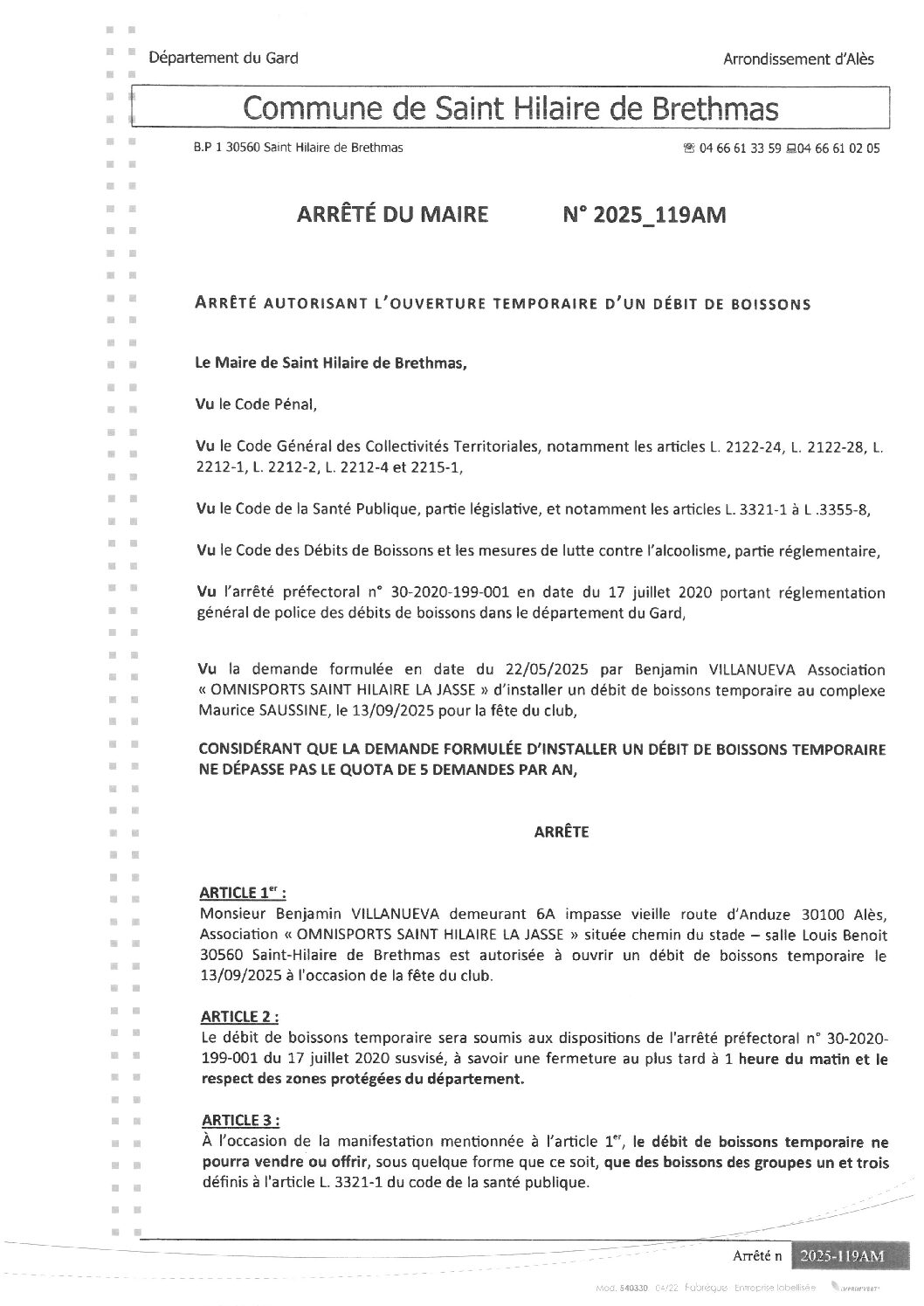 Apreçu du fichier2025_119AM Ouverture temporaire débit de boissons le 13 09 2025 Fête club OMNISPORTS