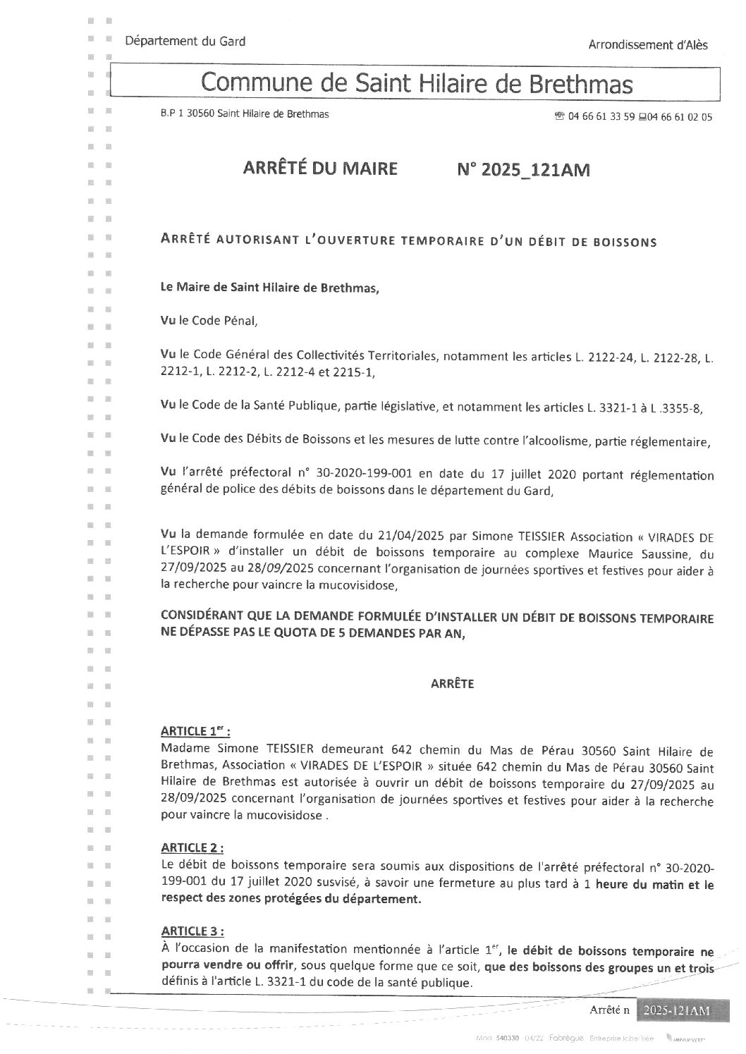 Apreçu du fichier2025_121AM Ouverture temporaire débit de boissons le 27 09 au 28092025 VIRADES DE L’ESPOIR