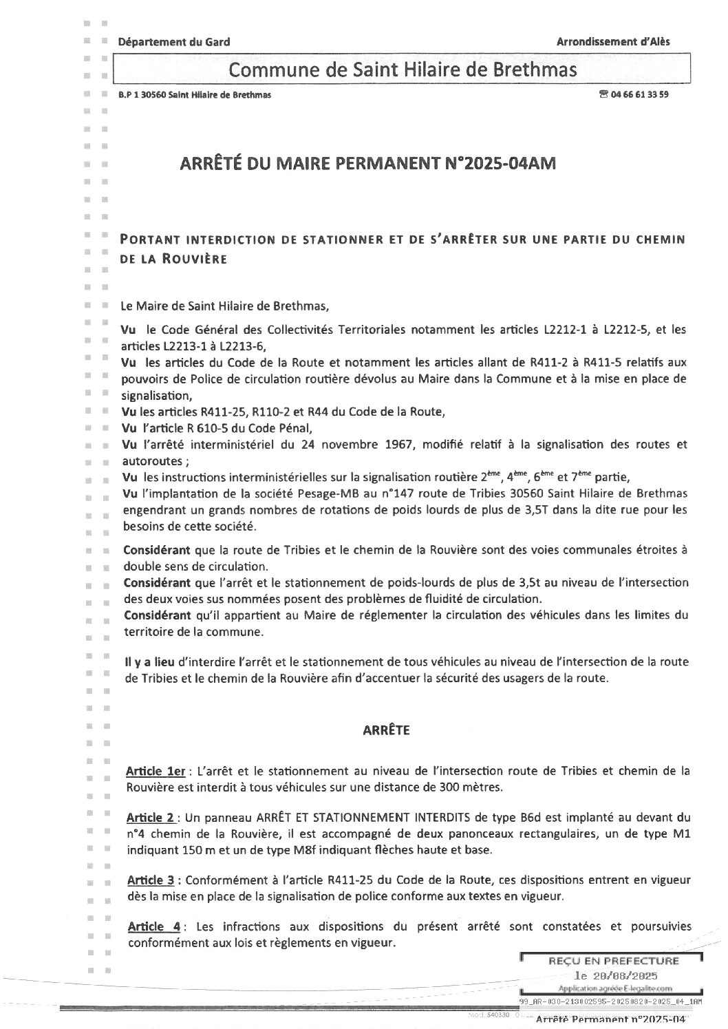 Apreçu du fichier2025_04AM Arrêté permanent interdiction stationnement et de s’arrêter sur une partie chemin de la Rouvière