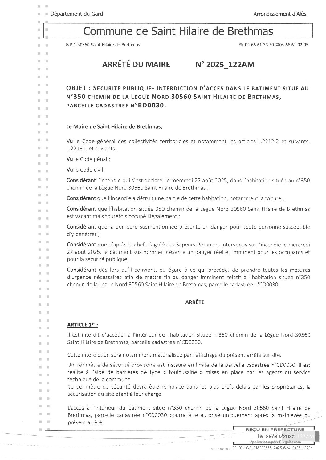 Apreçu du fichier2025_122AM Interdiction d’accés dans le batiment situe au 350 chemin de la Lègue Nord-BD 0030