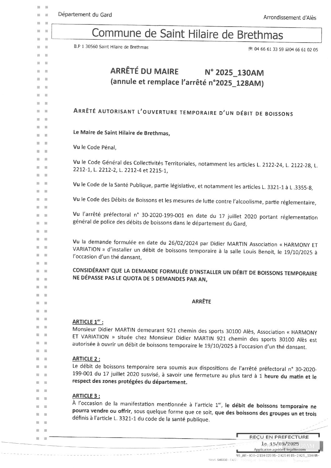 Apreçu du fichier2025_130AM Annule et remplaçe arrêté N°2025 128AM débit de boissons HARMONY ET VARIATION