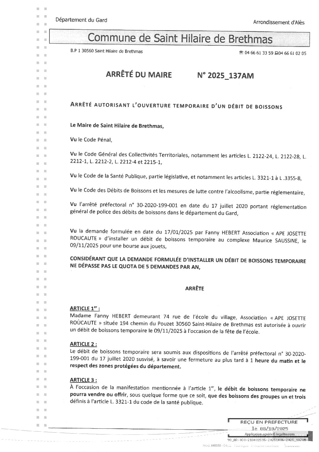 Apreçu du fichier2025_137AM Ouverture temporaire débit de boissons le 09 11 25 Bourse aux jouets