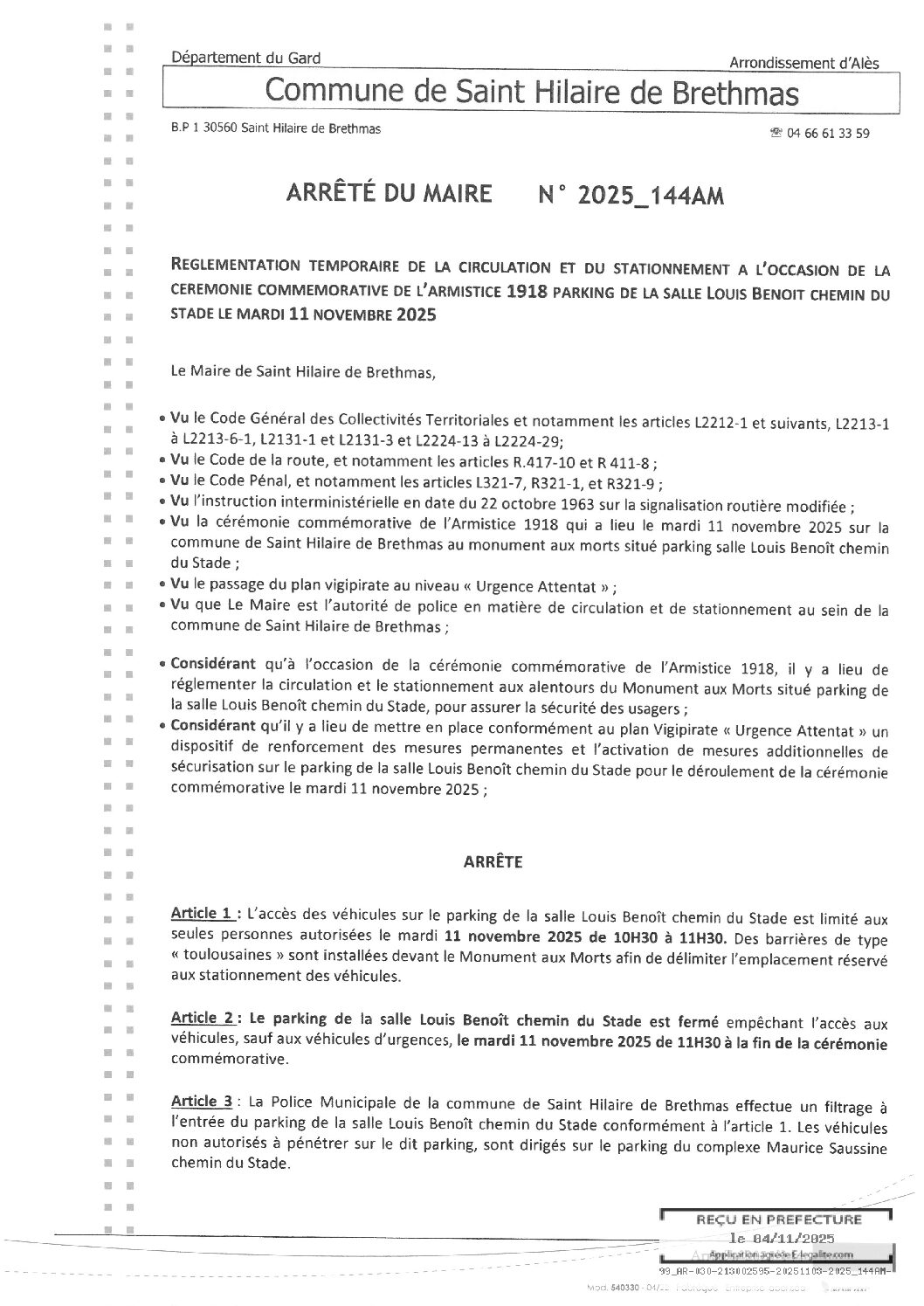 Aperçu du fichier 2025_144AM Règlementation temporaire circulation Armistice 11 novembre 2025 
