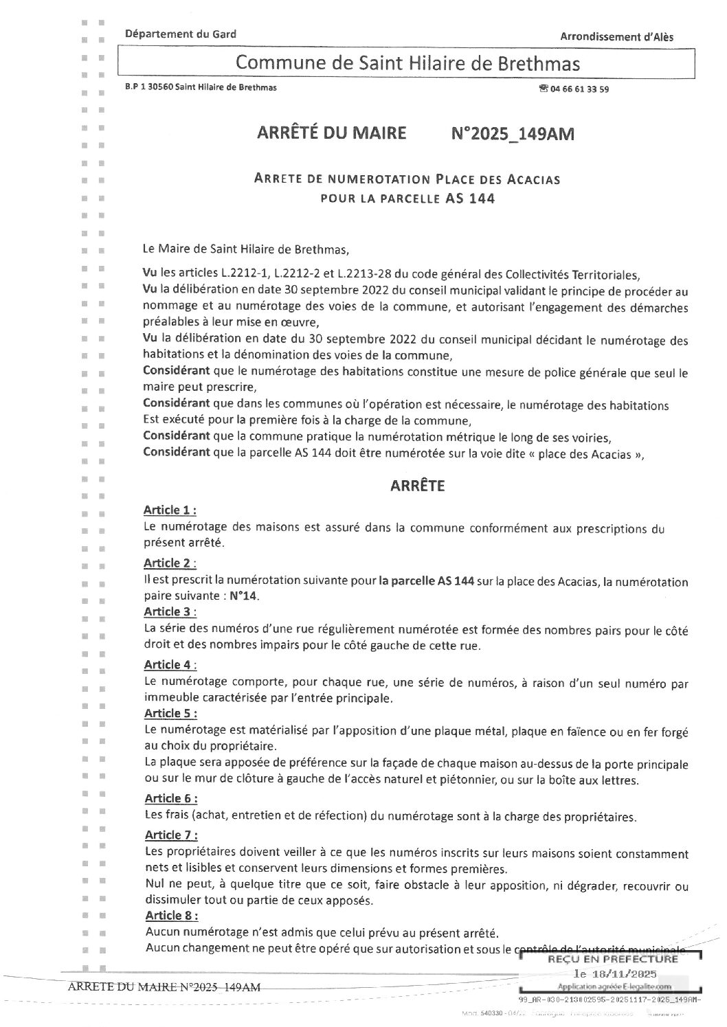 Aperçu du fichier 2025_149AM Arrêté de numérotation place des Acacias pour la parcelle AS 144 (1) 