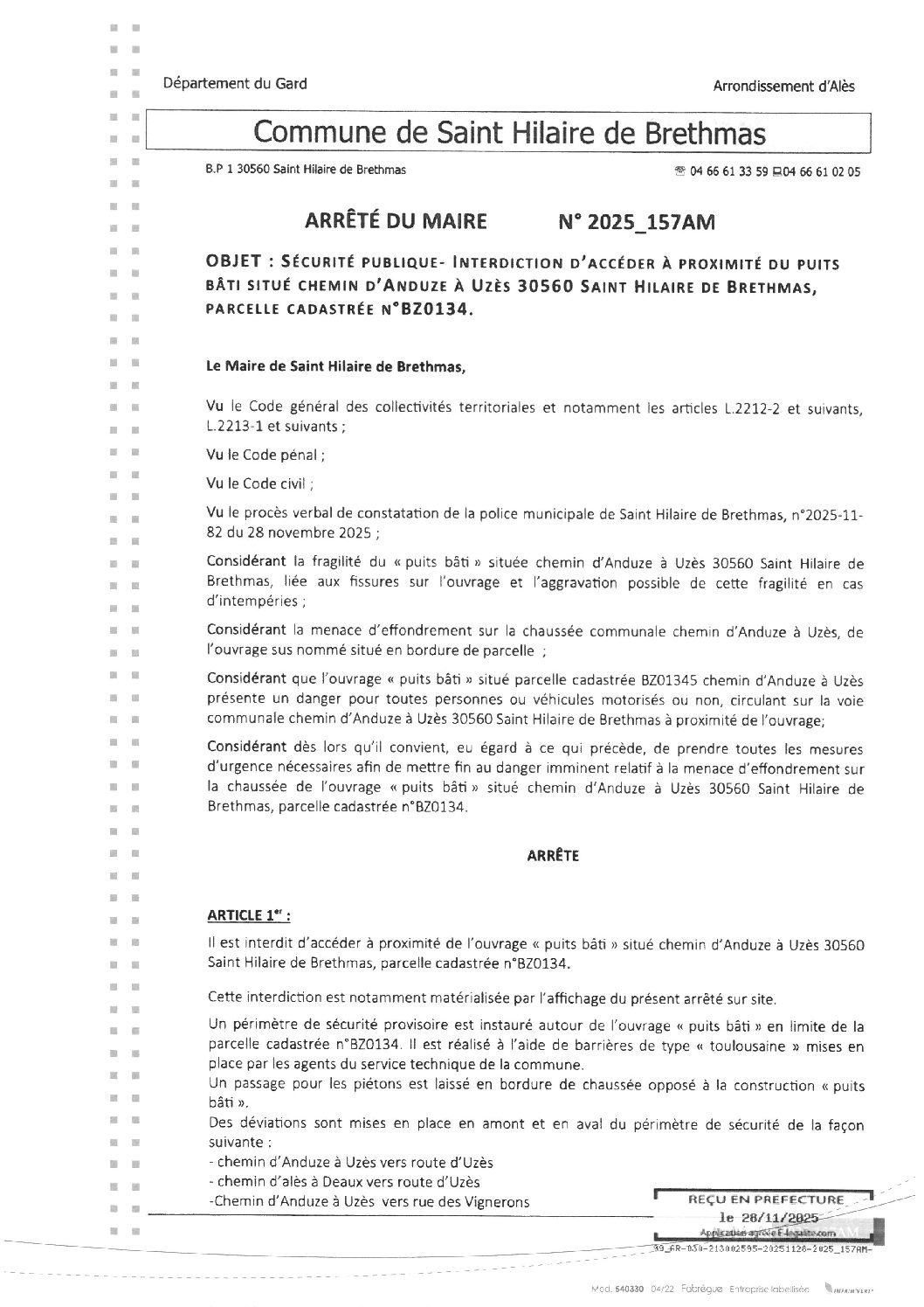 Aperçu du fichier 2025_157AM Sécurité publique Interdiction d&rsquo;accéder à proximité du puits Chemin d&rsquo;Anduze à Uzès parcelle N°BZ0134 