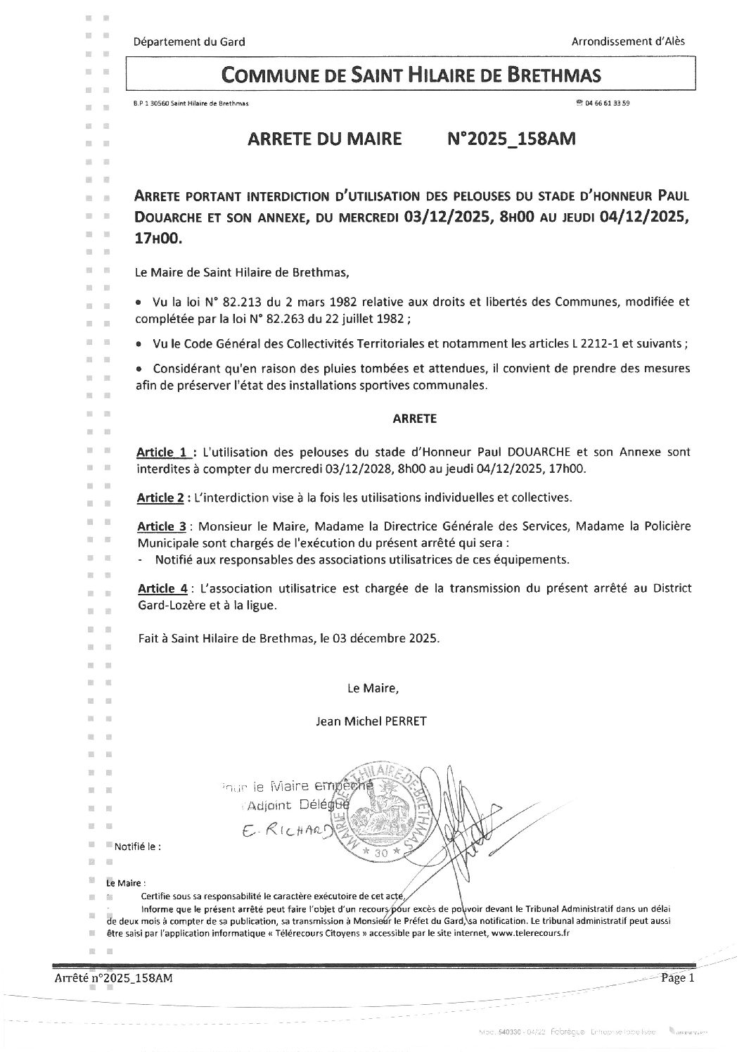 Aperçu du fichier 2025_158AM Interdiction d&rsquo;utilisation pelouse stade PAUL DOUARCHE et son annexe du 3 12 25 au 4 12 25 