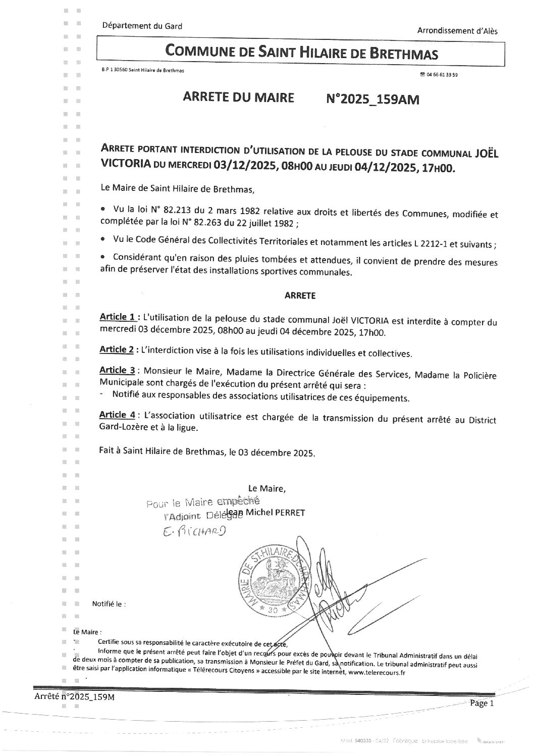 Aperçu du fichier 2025_159AM Interdictin d&rsquo;utilisation pelouse stade JOËL VICTORIA du 3 12 25 au 4 12 25 