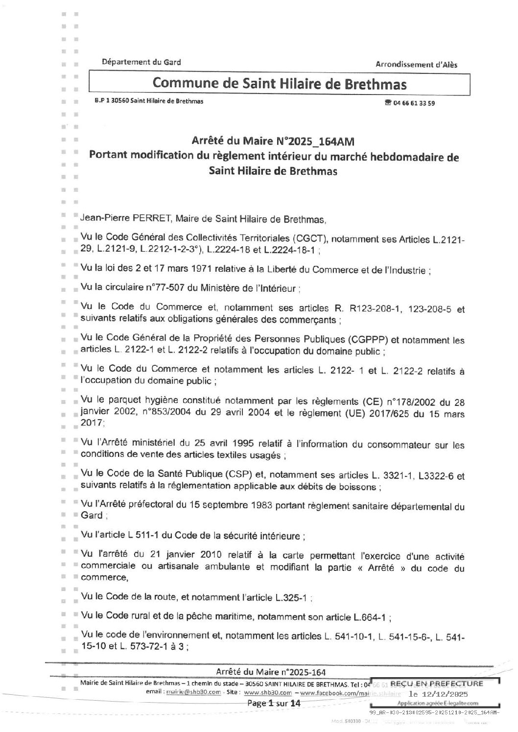 Aperçu du fichier 2025_164AM Modification règlement intérieur marché hebdommadaire de St Hilaire de Brethmas 