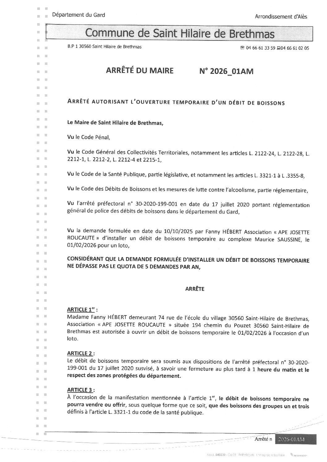 Aperçu du fichier 2026_01AM Ouverture temporaire d&rsquo;un débit de boisson le 01 02 26 loto 