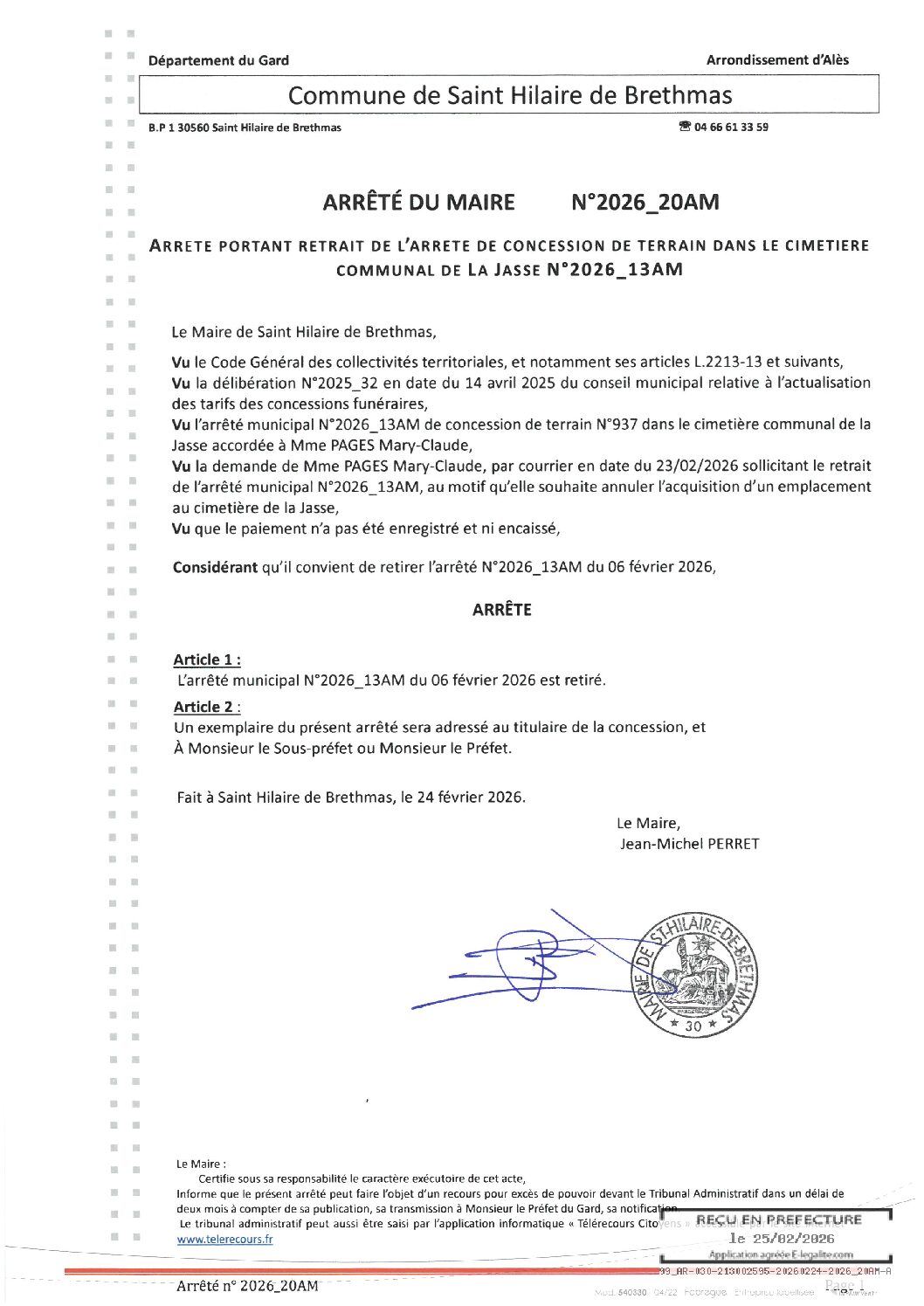 Aperçu du fichier 2026_20AM Arrêté portant retrait de l&rsquo;arrêté -N°2026_13AM concession cimetiere 