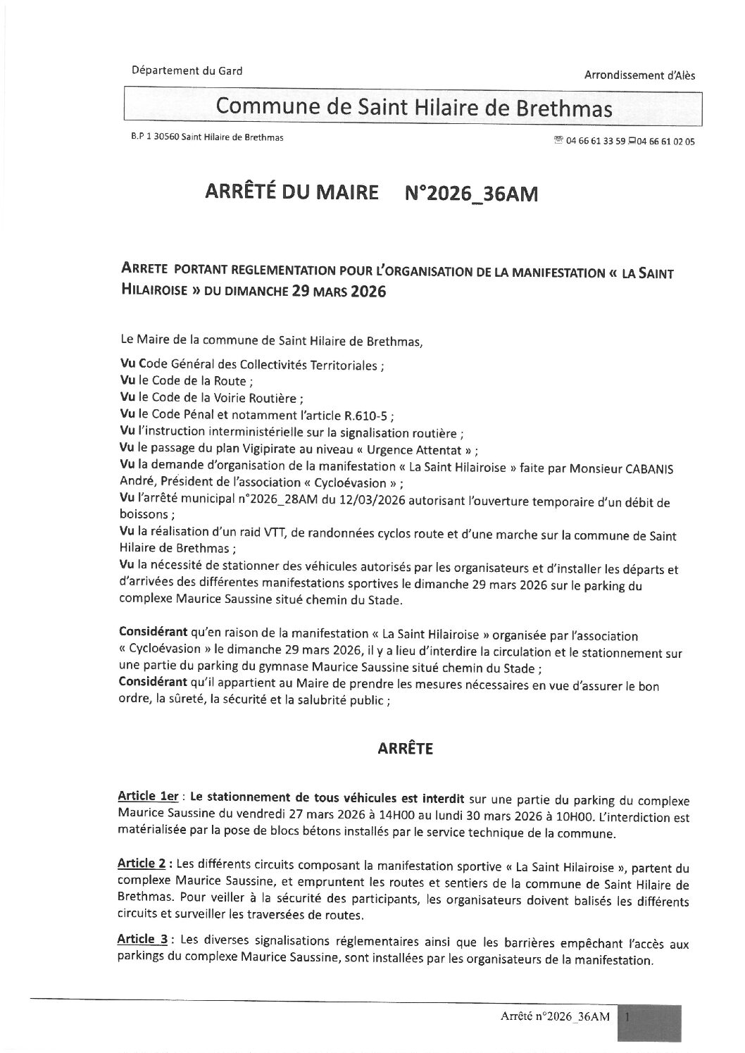 Aperçu du fichier 2026_36AM arrêté portant réglementation pour l&rsquo;organisation de la manifestation la St Hilairoise du 29 mars 2026 