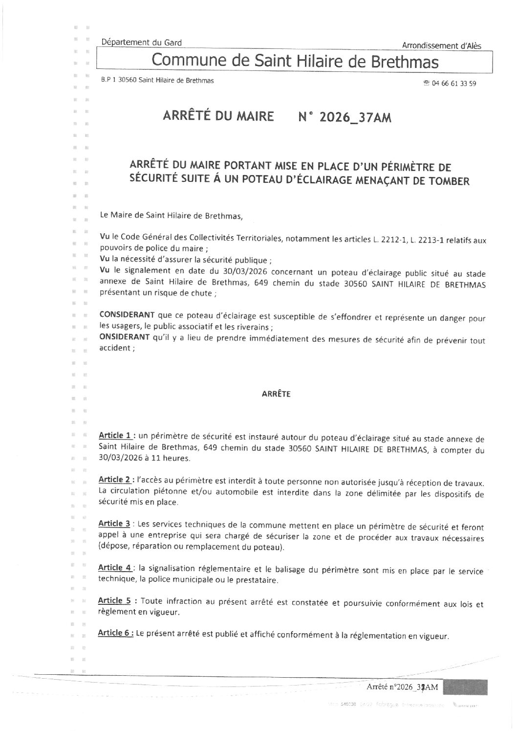 Aperçu du fichier 2026_37AM Arrêté mise en place d&rsquo;un périmètre de sécurité suite à un poteau d&rsquo;éclairage menaçant de tomber 