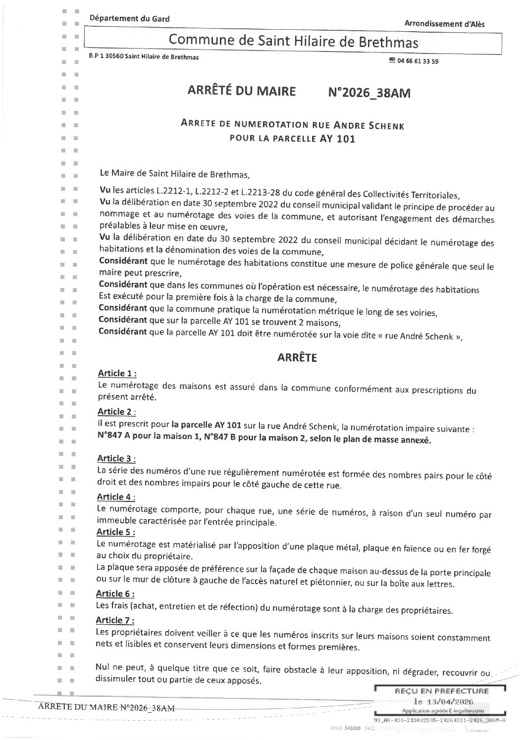 Aperçu du fichier 2026_38AM Arrêté de numérotation Rue André Schenck parcelle AY101 