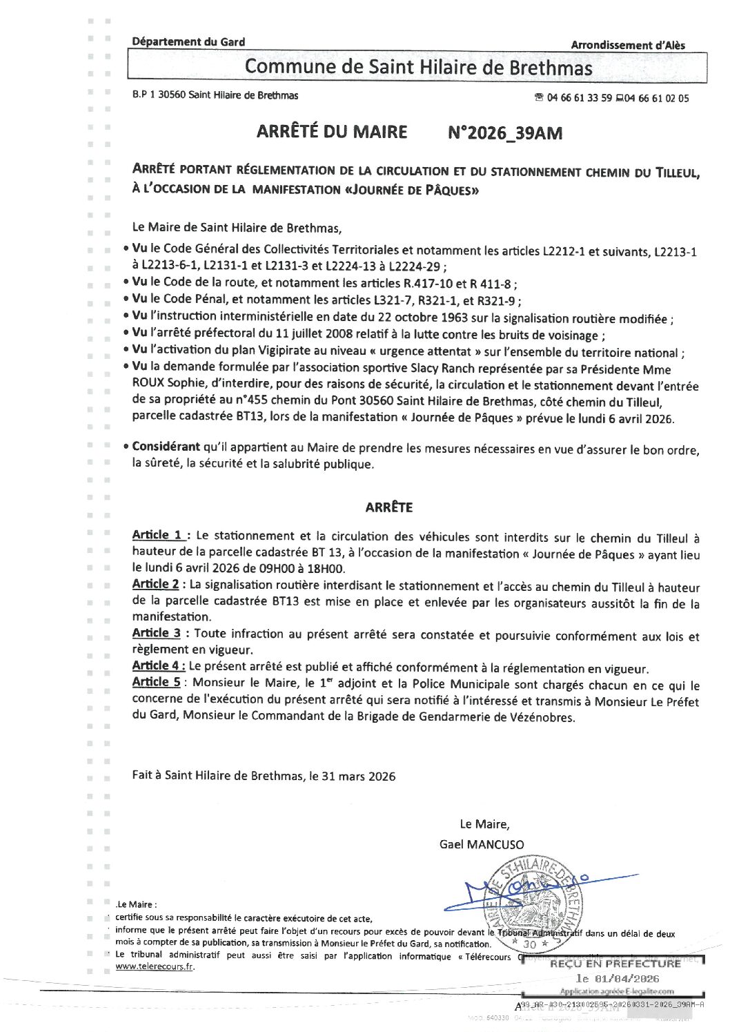 Aperçu du fichier 2026_39AM Arrêté portant réglementation circulation et stationnement manifestation Journée de Pâques 
