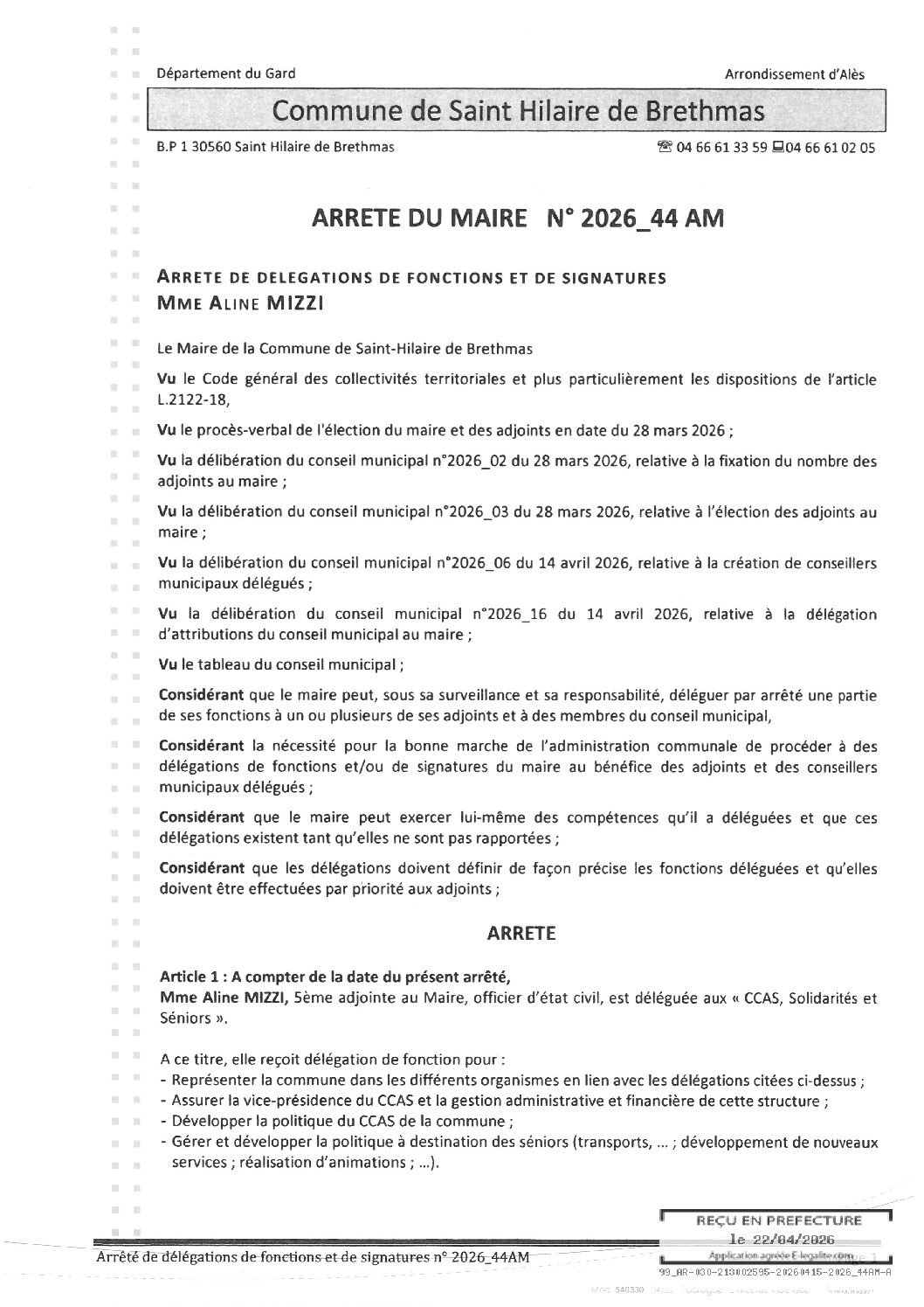 Aperçu du fichier 2026_44AM Délégation fonction signature – Mme MIZZI 