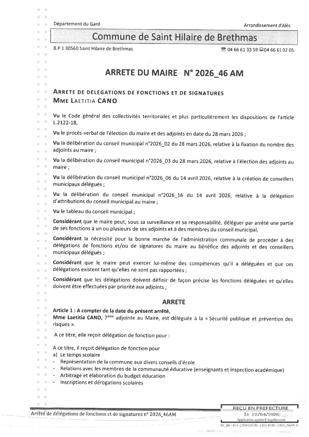 Aperçu du fichier 2026_46AM Délégation fonction signature – Mme CANO 