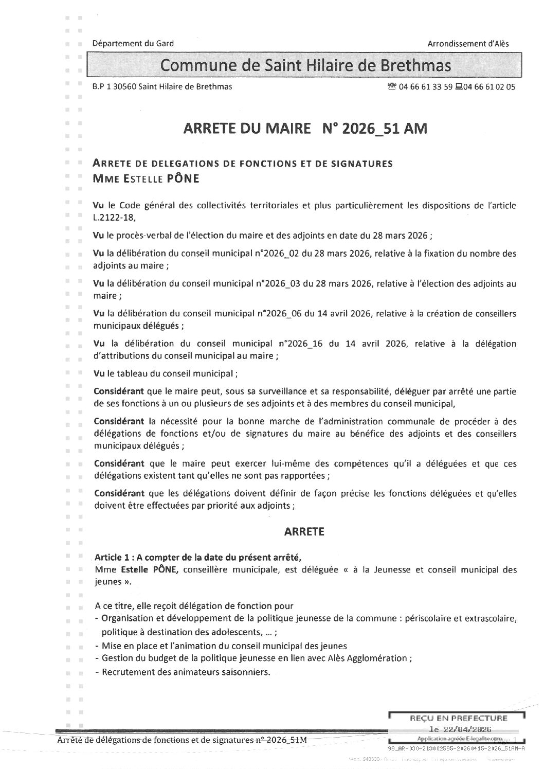 Aperçu du fichier 2026_51AM Délégation fonction signature – Mme PONE 