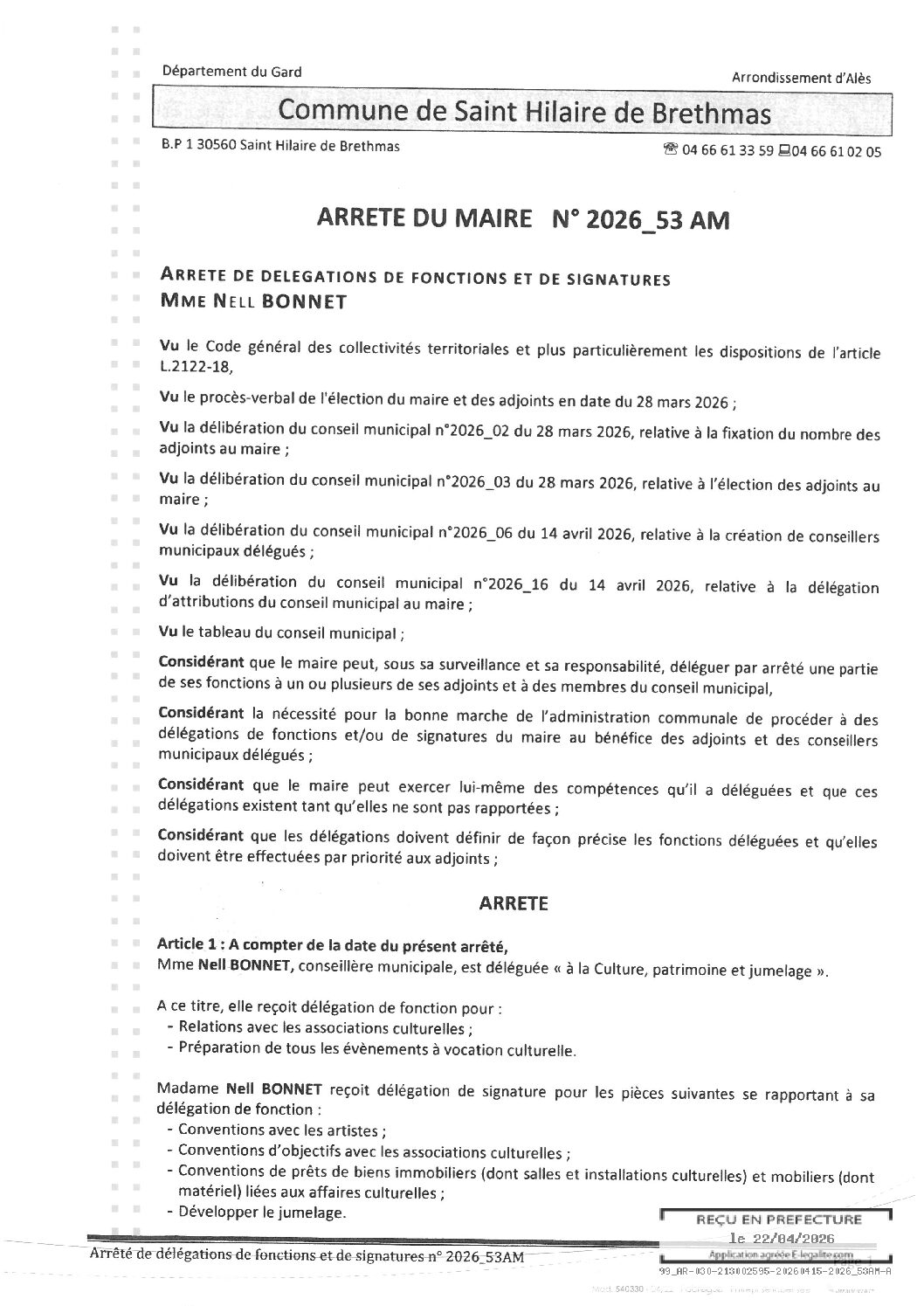 Aperçu du fichier 2026_53AM Délégation fonction signature – Mme BONNET 