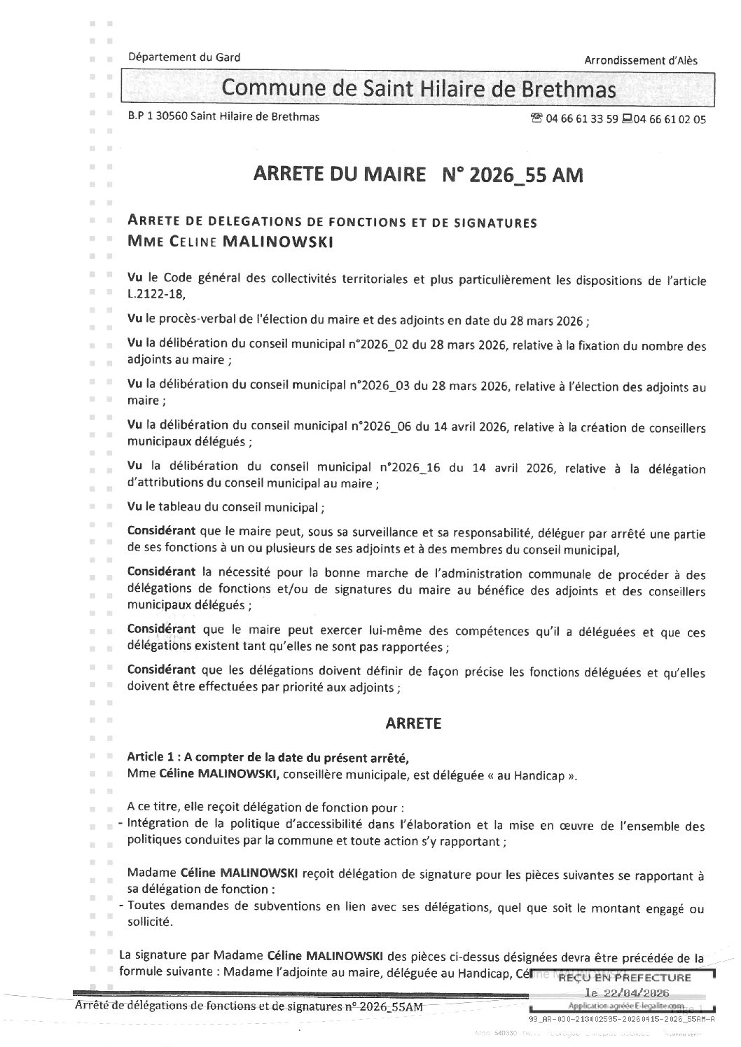 Aperçu du fichier 2026_55AM Délégation fonction signature – Mme MALINOWSKI 
