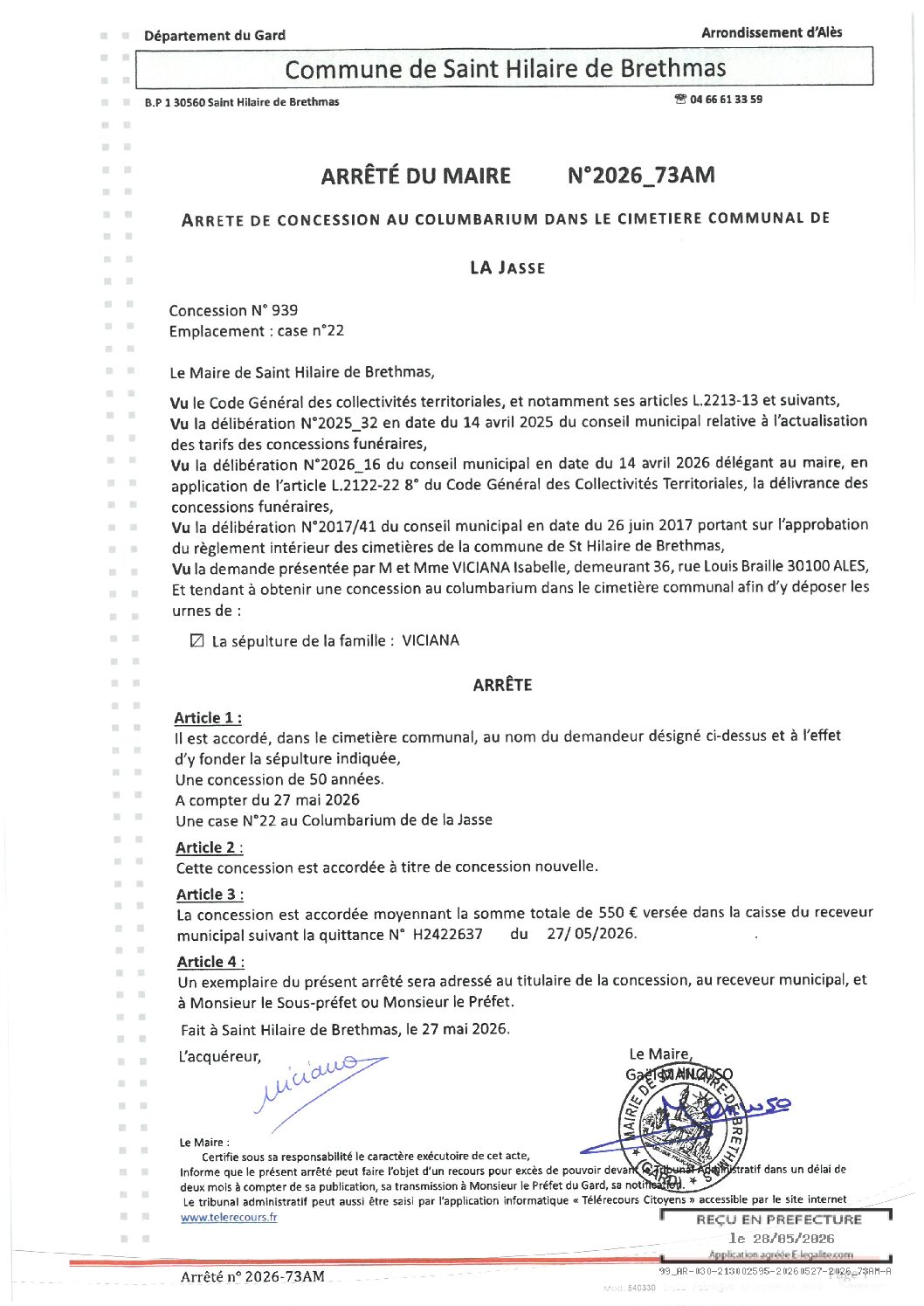 Aperçu du fichier 2026_73AM Arrêté concession cimetière la  Jasse n°939 
